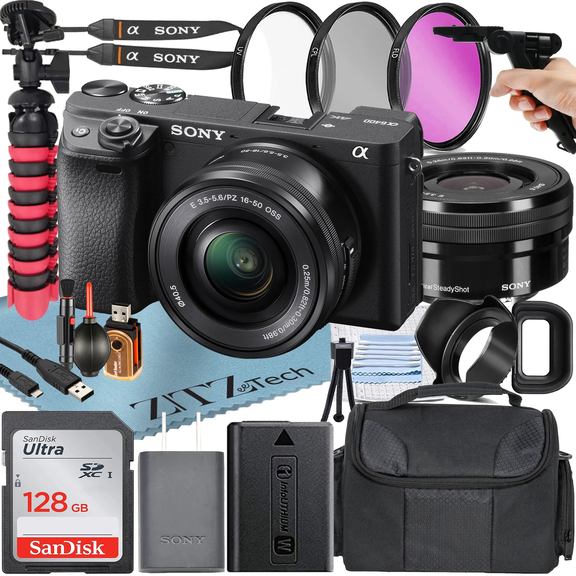 Sony Alpha a6400 Mirrorless Digital Camera with 16-50mm Lens + SanDisk 128GB Card + Tripod + ZeeTech Accessory Bundle