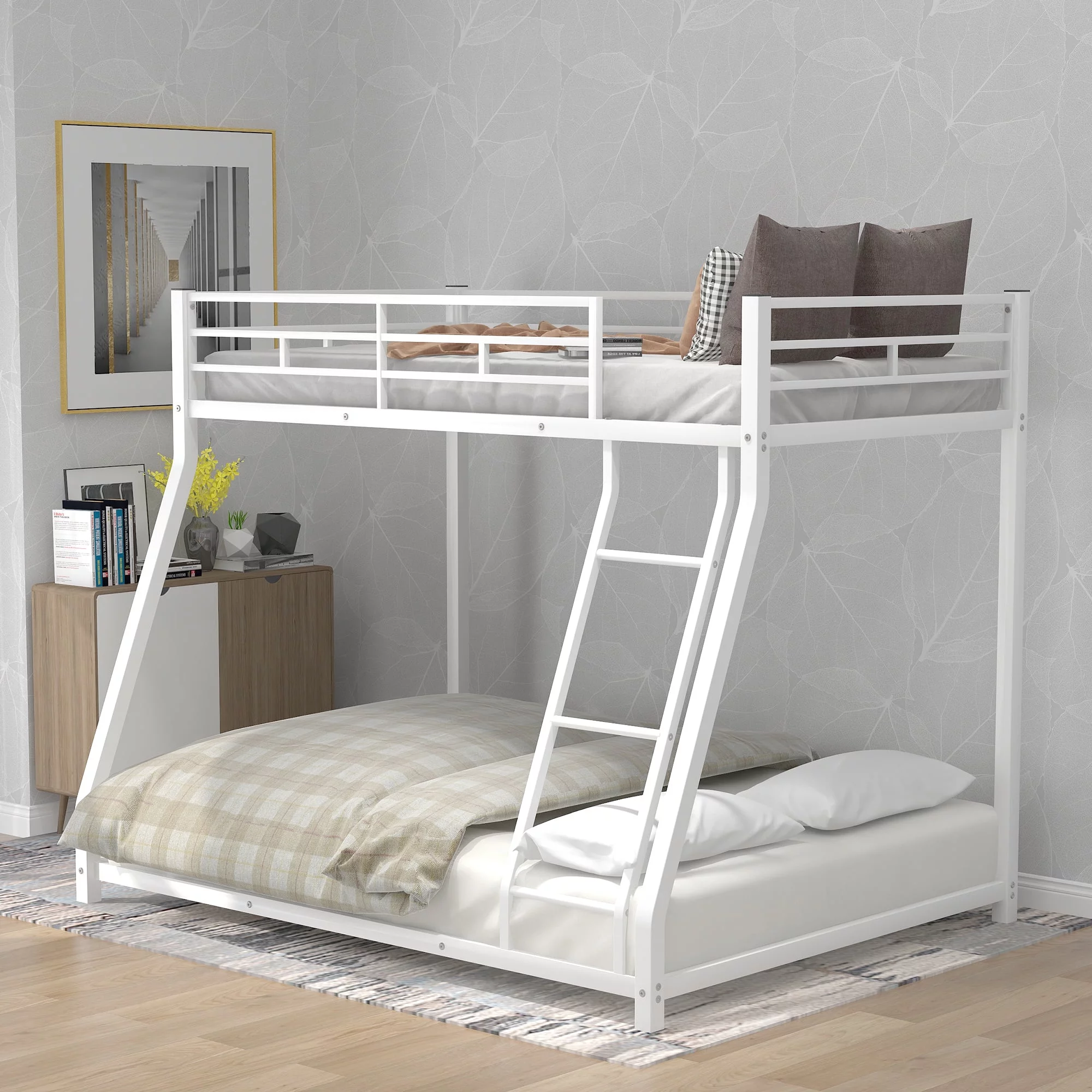 CoSoTower Metal Floor Bunk Bed, Twin Over Full,White