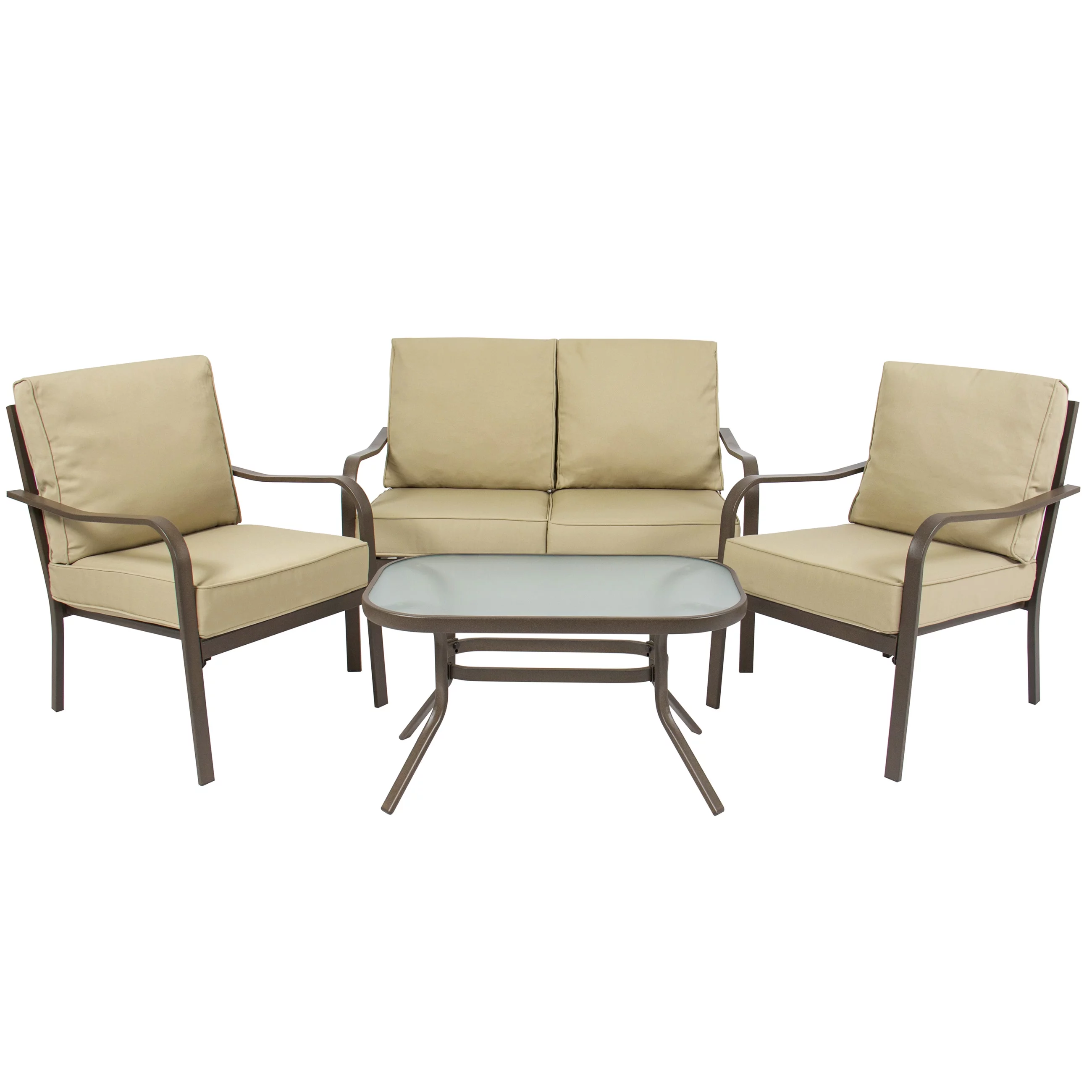 Best Choice Products 4-Piece Cushioned Patio Furniture Conversation Set w/ Loveseat, 2 Chairs, Coffee Table - Beige