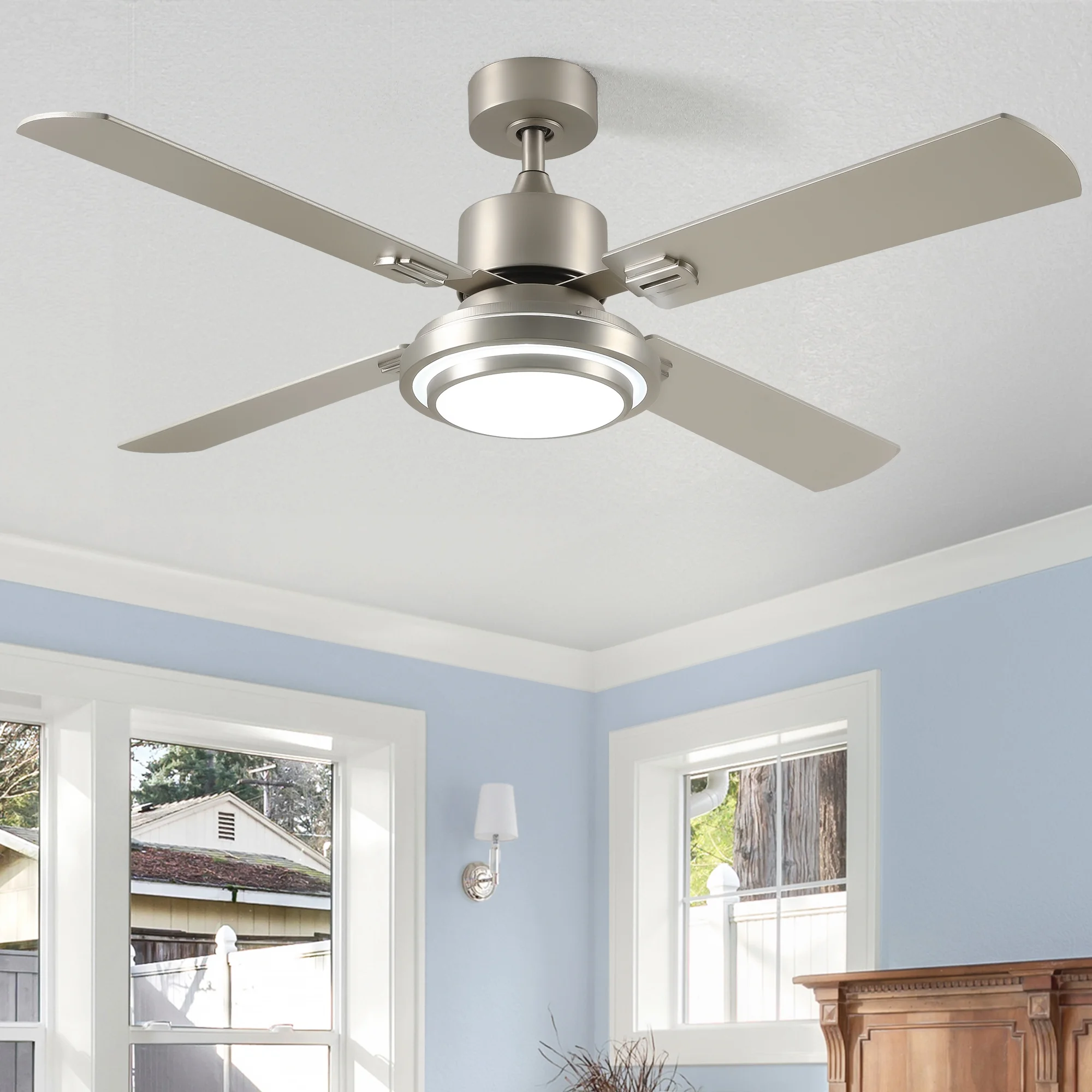 Dextrus 4-Blade Contemporary 52'' Ceiling Fan with Light and Remote Control, Brushed Nickel Finish, Reversible Blades, Perfect for Farmhouse Living Room and Bedroom Decor