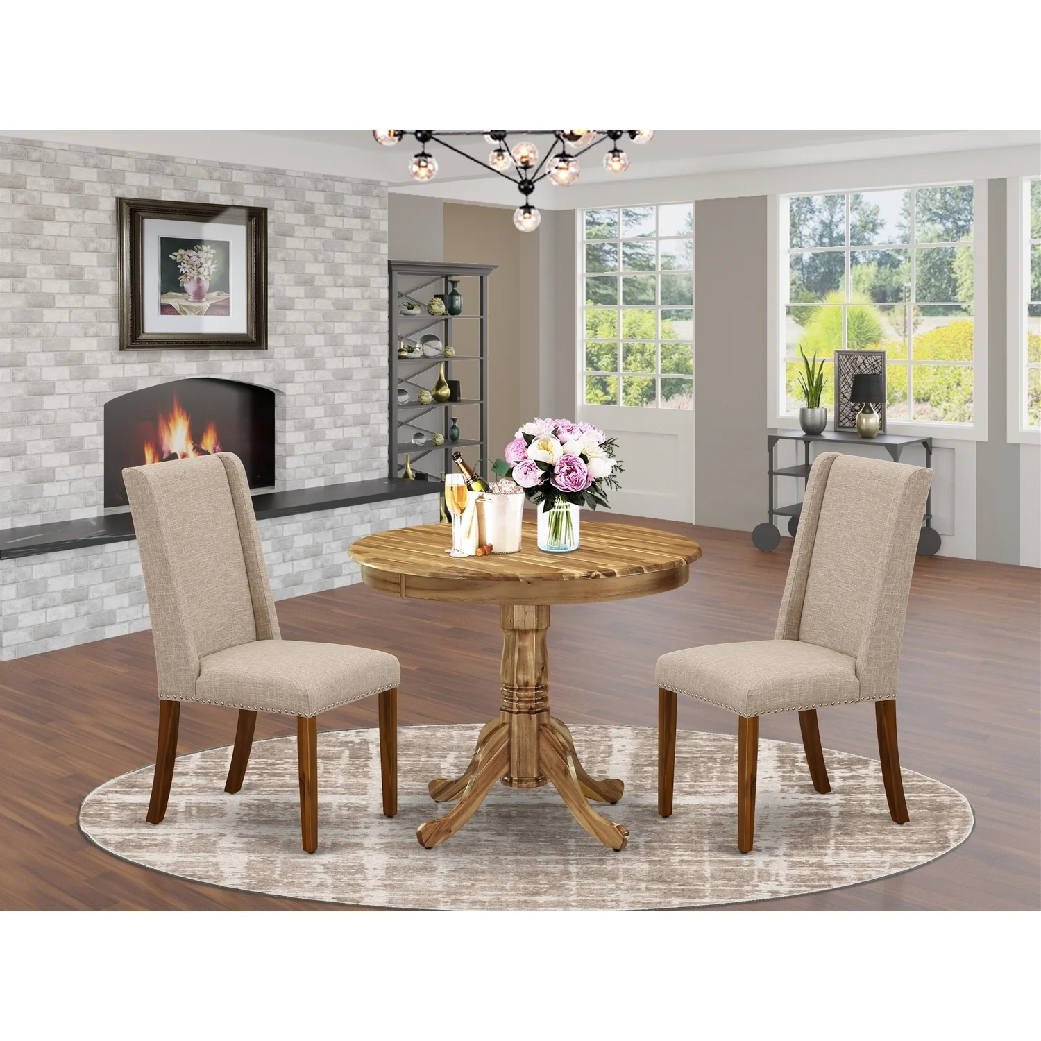 HomeStock Lakefront Luxury 3-Piece Table And Chairs Dining Set Included A Round Kitchen Table & 2 Kitchen Chairs, Clay Linen Fabric Kitchen Chairs Seat With Rubber Wood Legs, Natural Finish
