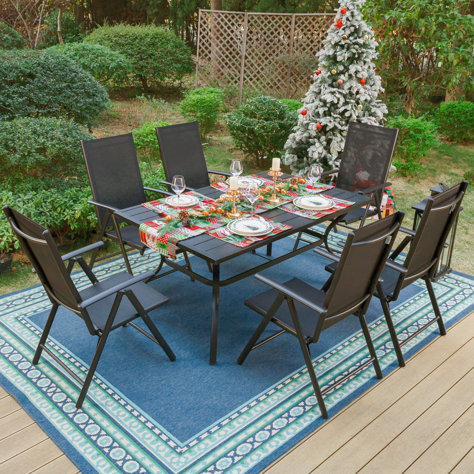 MF Studio 7-Piece Aluminum Outdoor Patio Dining Set with 7-Level Adjustable Folding Sling Chairs&Large Table, Breathable Textilene Fabric, Black