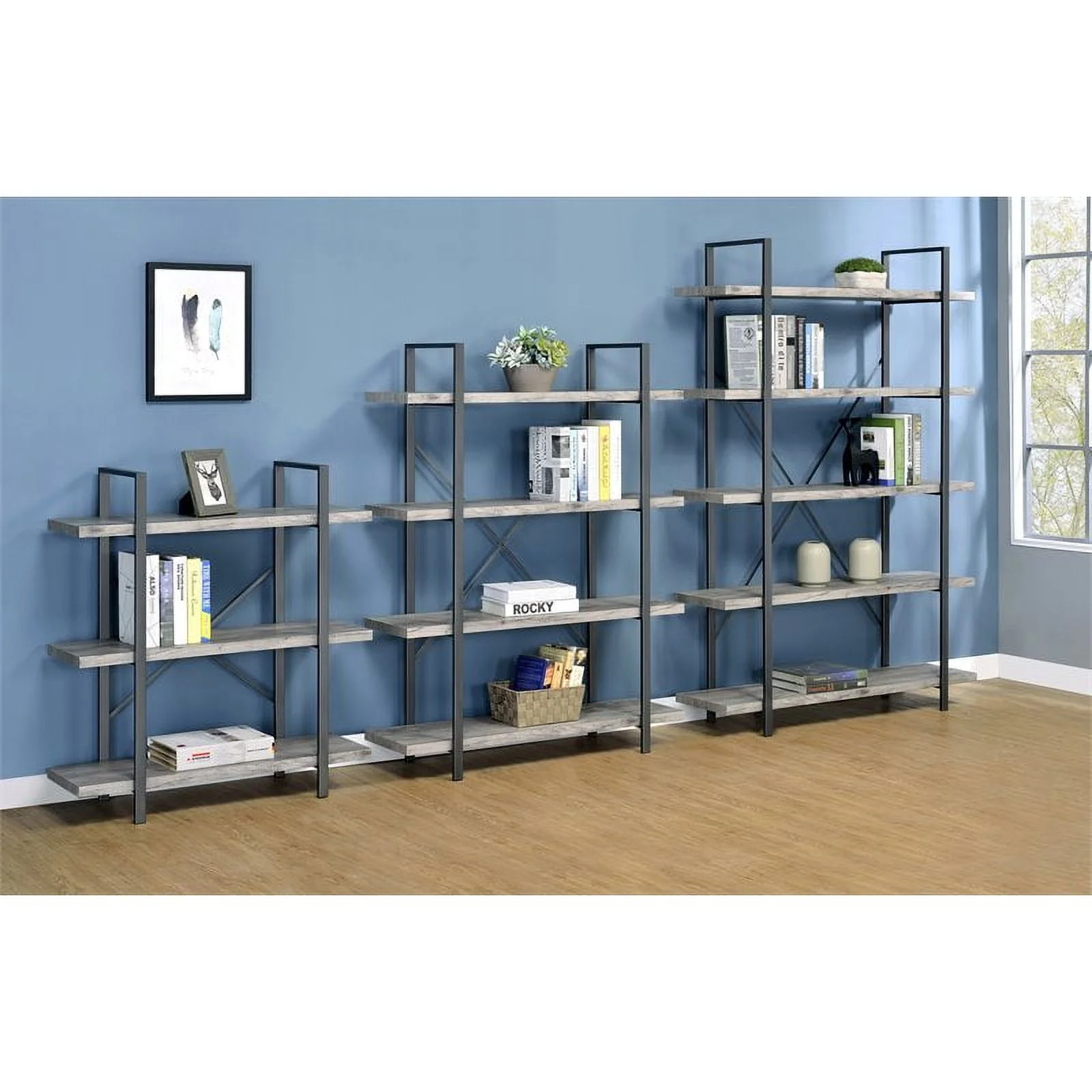 Pemberly Row 5 Shelf Bookcase in Gray Driftwood and Gunmetal