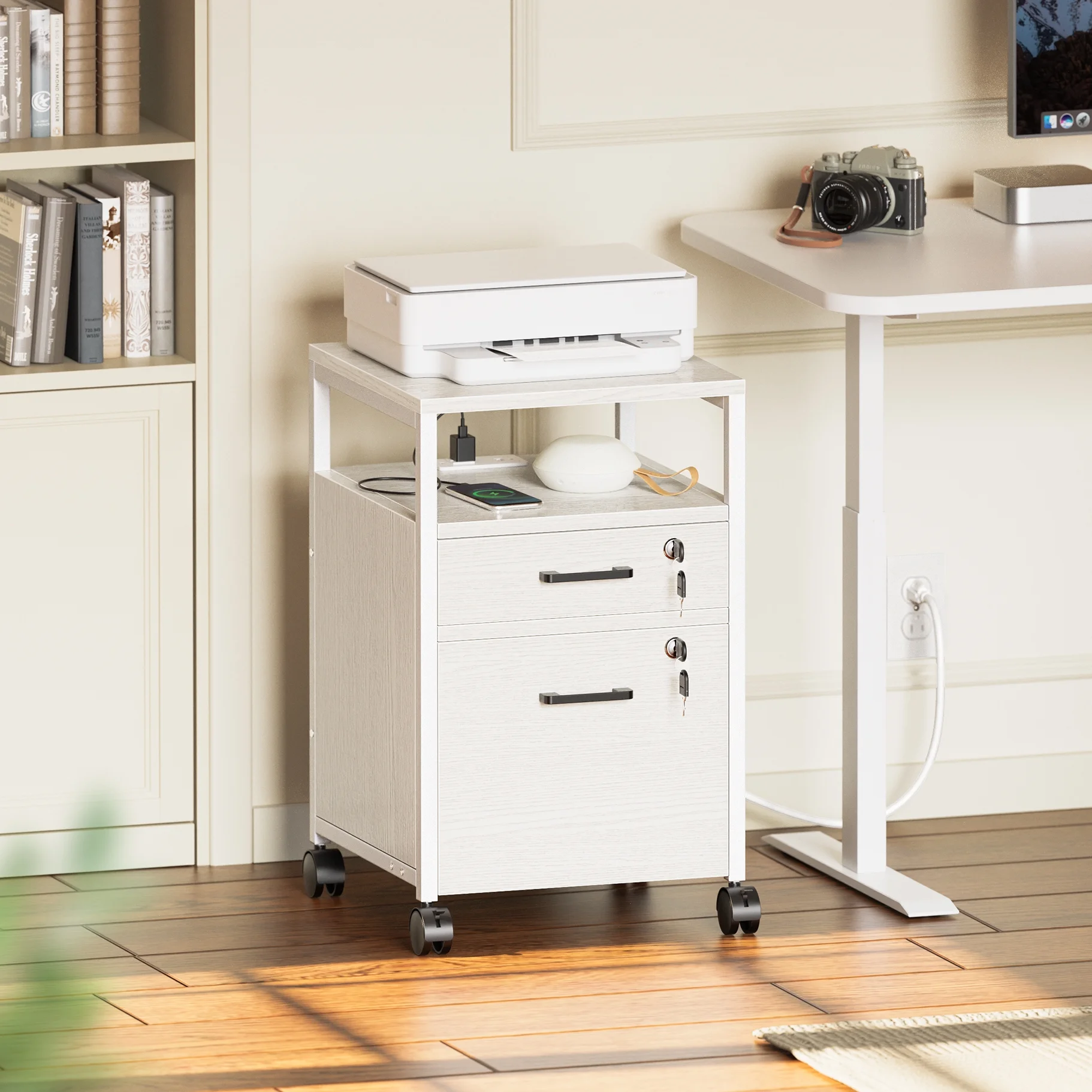SUPERJARE File Cabinet with Lock & Charging Station, Mobile File Cabinet with 2 Drawers, Rolling Filing Cabinet with Wheels, Office File Cabinet, A4/Letter Size Files Under Desk, White