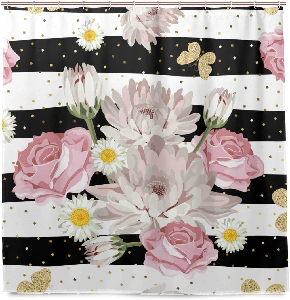 Hyjoy Glitter Black and White Stripe Shower Curtain Waterproof Polyester Bath Curtian with Hooks 72x72 Inch