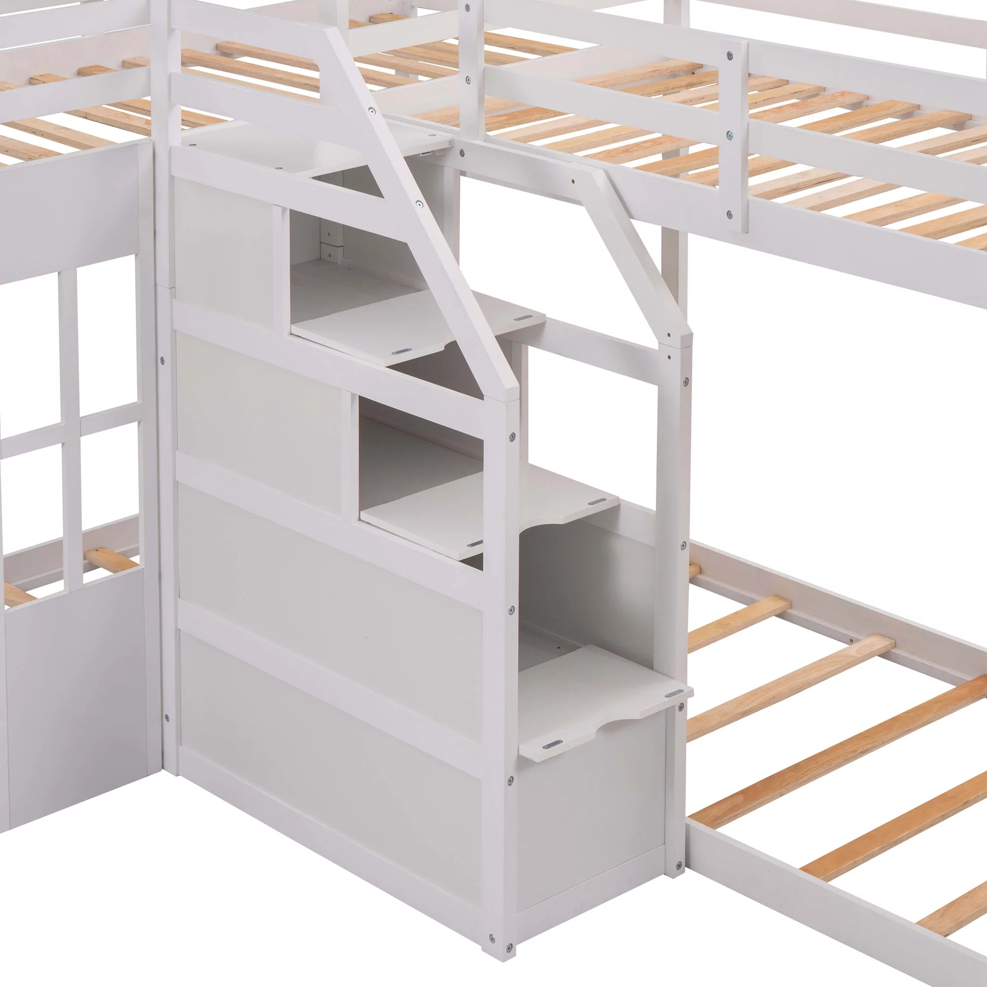 EUROCO Twin over Twin L-Shaped Bunk Bed with Middle Staircase, White