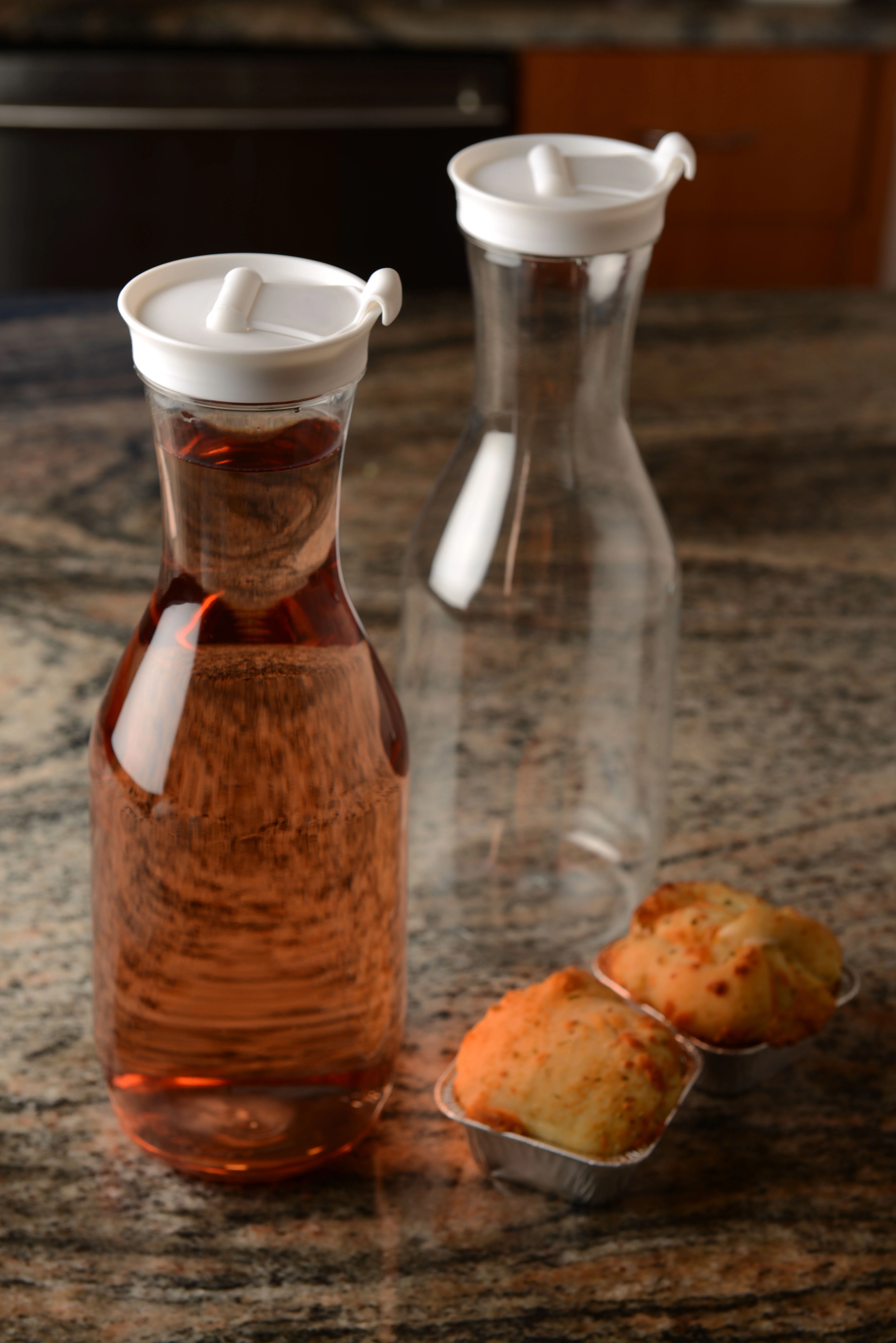 [6 PACK] Clear Plastic Heavy Duty Pitcher - Large Water Carafes, Plastic Bottles with Flip Top Lid, Beverage Pitchers with Lid - BPA Free Plastic Decanter, Juice, Ice Tea, Picnic, Catering (50 Oz)