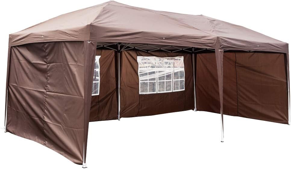 Party Tent 10 x 20 Folding pop-up Adjustable Height Outdoor Waterproof Coffee Wedding Canopy Camping Terrace Barbecue shelter, 4 Removable Side Walls, 2 Windows