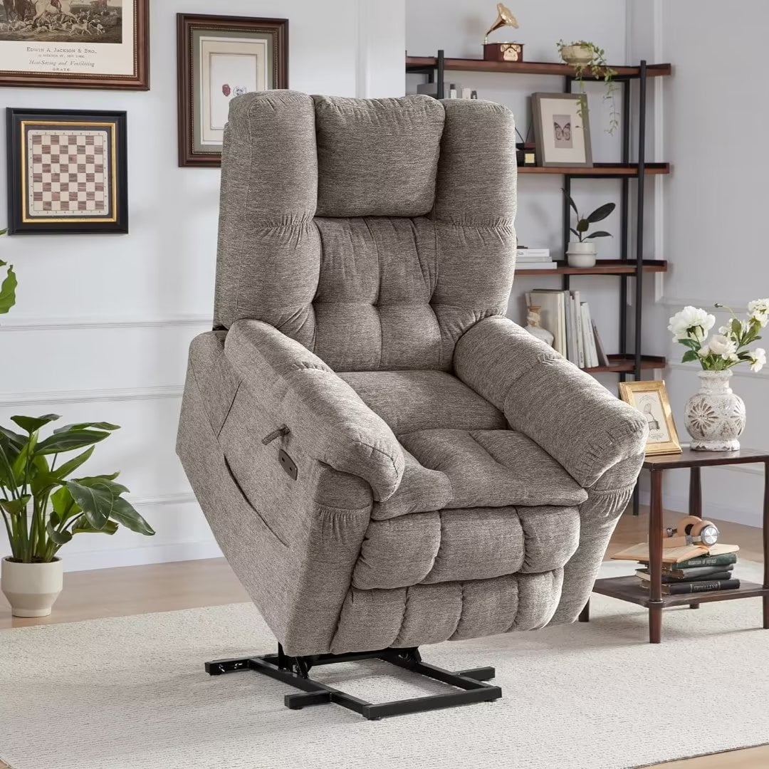 BDEUS Lay Flat Three Motor Power Lift Rcliner Chair with Adjustable Headrest for Elderly People, Electric Recliner with Infinite Positions, Heat and Massage Chair Recliner, USB & Type C Ports Grey