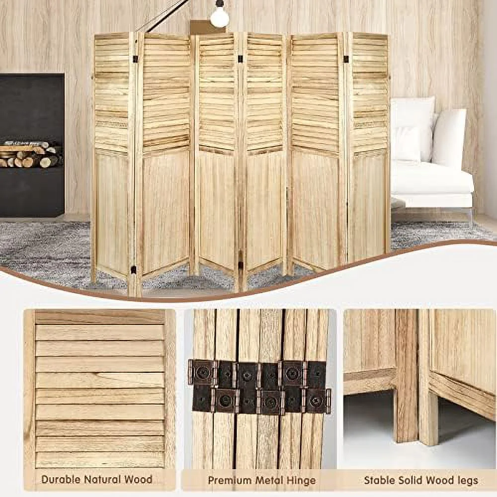 CHFBC 6 Panel Wood Room Divider  Folding Room Divider Privacy Screen 5.6Ft Tall  Freestanding Louvered Divider Screen for Home Office Restaurant Bedroom(Brown)
