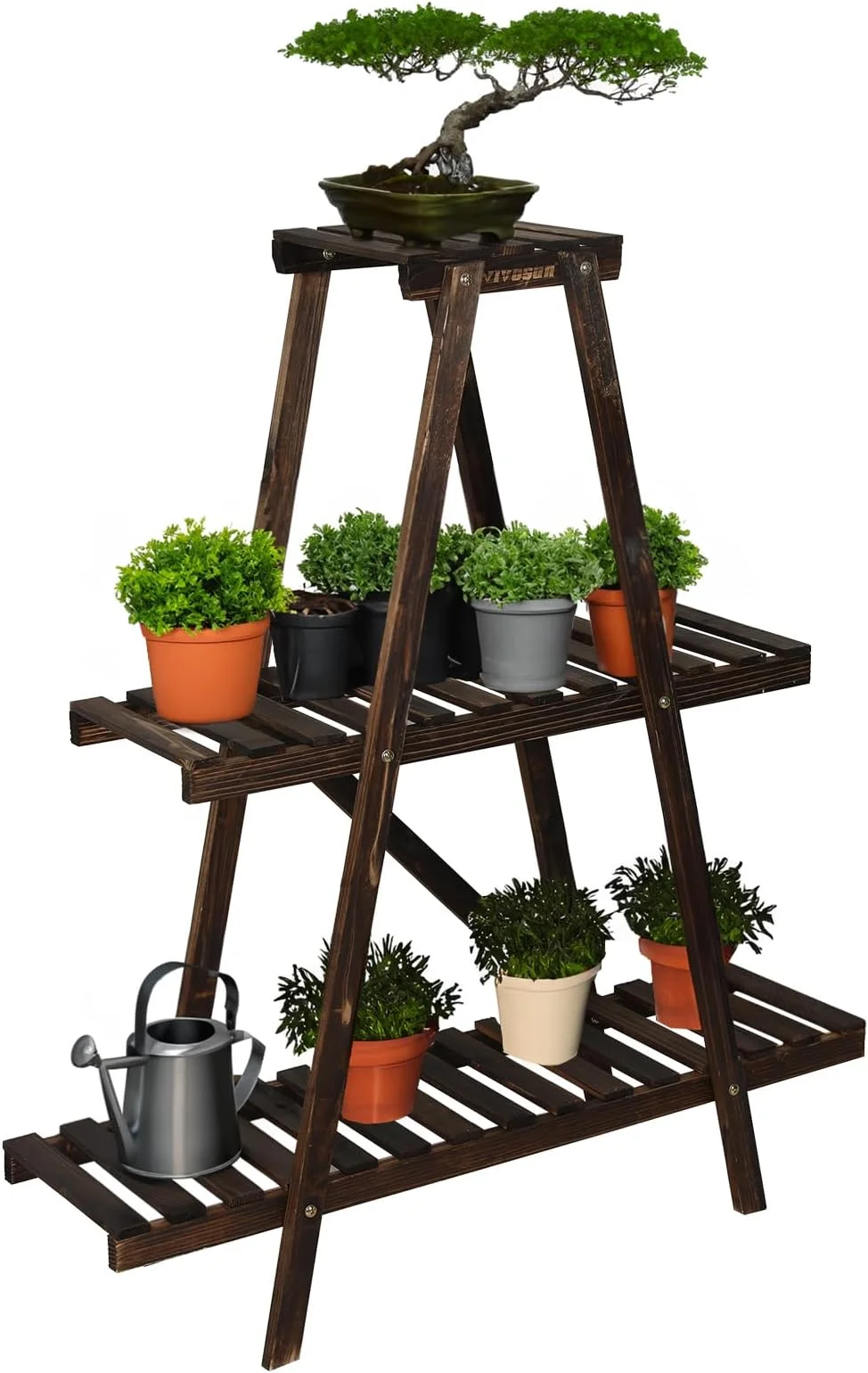 JDZHAPPYLIFE Ladder   5-Tier Wooden Plant Shelves  Rustic Flower Display Rack  Freestanding  Rack  Indoor Flowerpot Stand Ladder Bookshelf  Room  Office  Bedroom  Balcony (Brown)