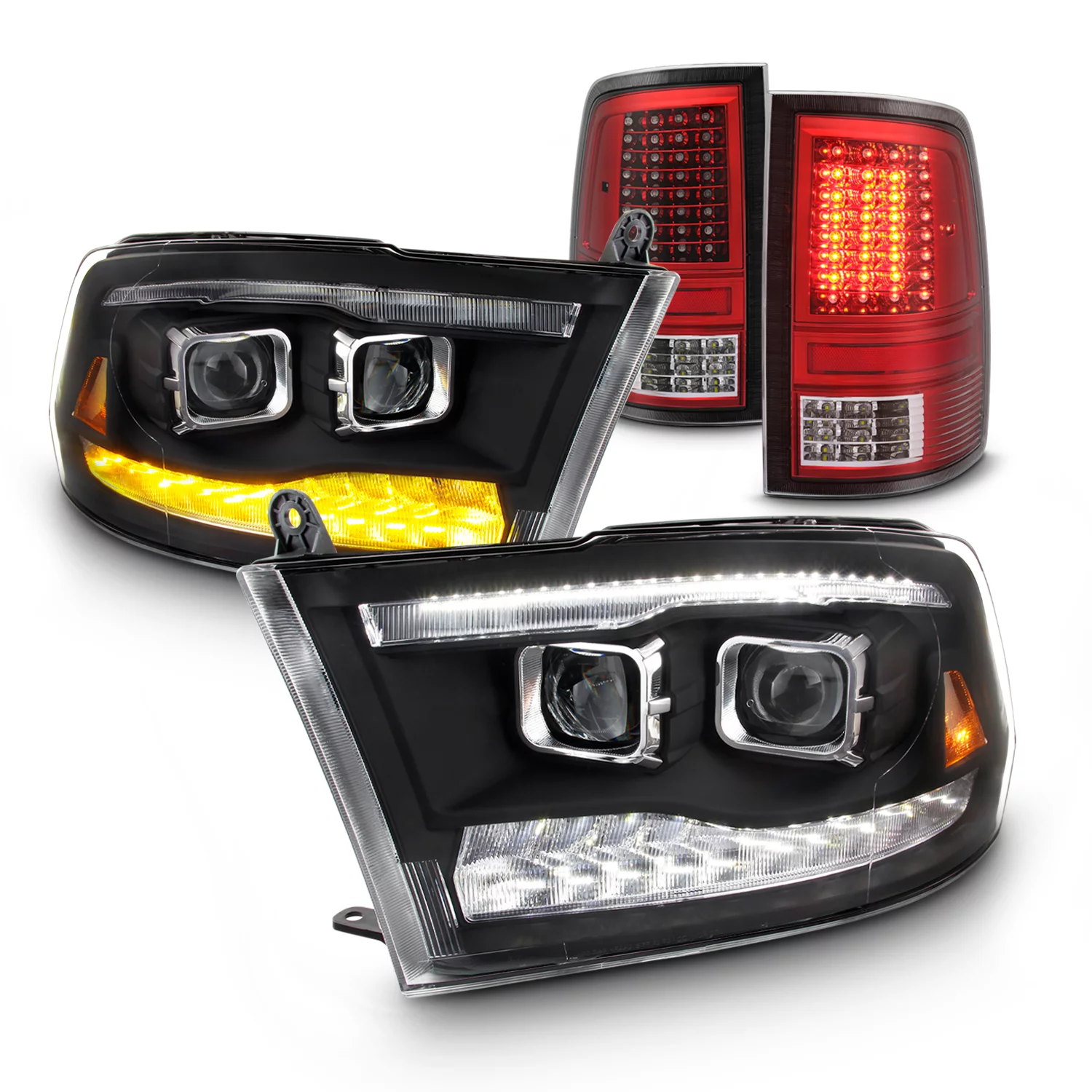 AKKON - Fits 2009-2018 Dodge Ram 1500 2500 3500 Premium Projector LED Headlight + Red Housing Tail Light Combo