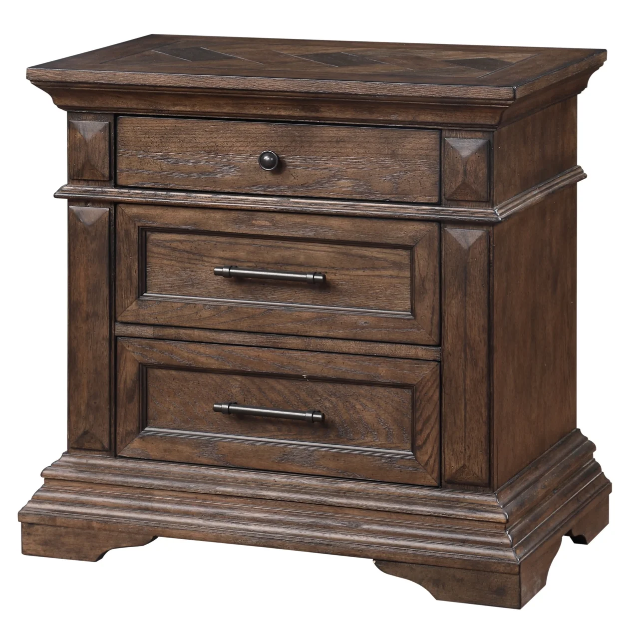 3 Drawer Transitional Nightstand with Bracket Legs and Bar Handles Brown - Saltoro Sherpi