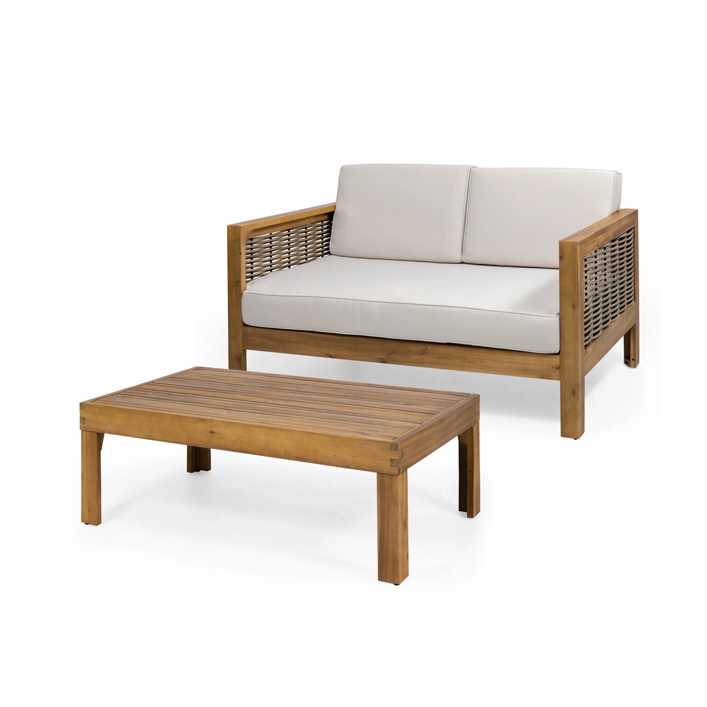 GDF Studio Allegra Outdoor Acacia Wood and Wicker Loveseat and Coffee Table Set with Cushions, Teak, Mixed Brown, Beige