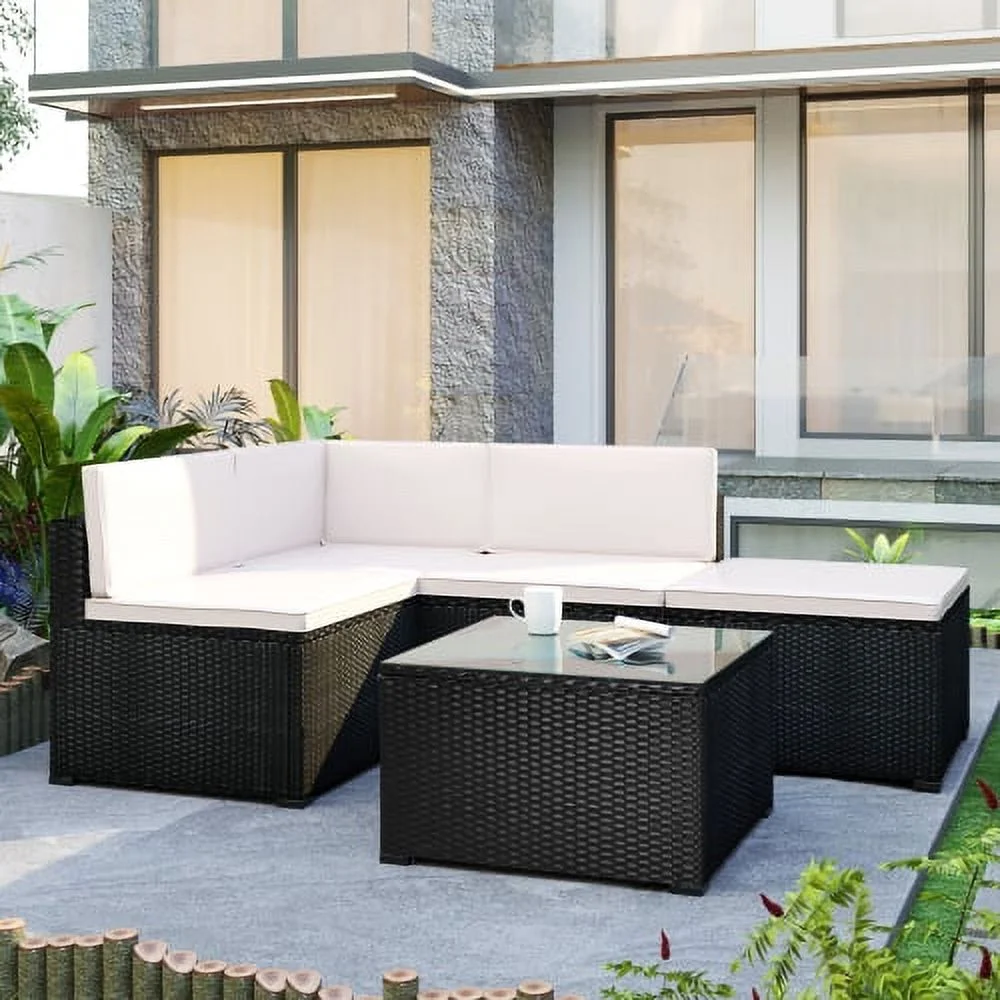 ASTARTH 5 Pcs Outdoor Sectional Sofa Set All-Weather L shape Patio Furniture, PE Rattan With Modern Glass Coffee Table/Stool ,for backyard, Garden, Poolside(Brown Wicker, Beige Cushion)