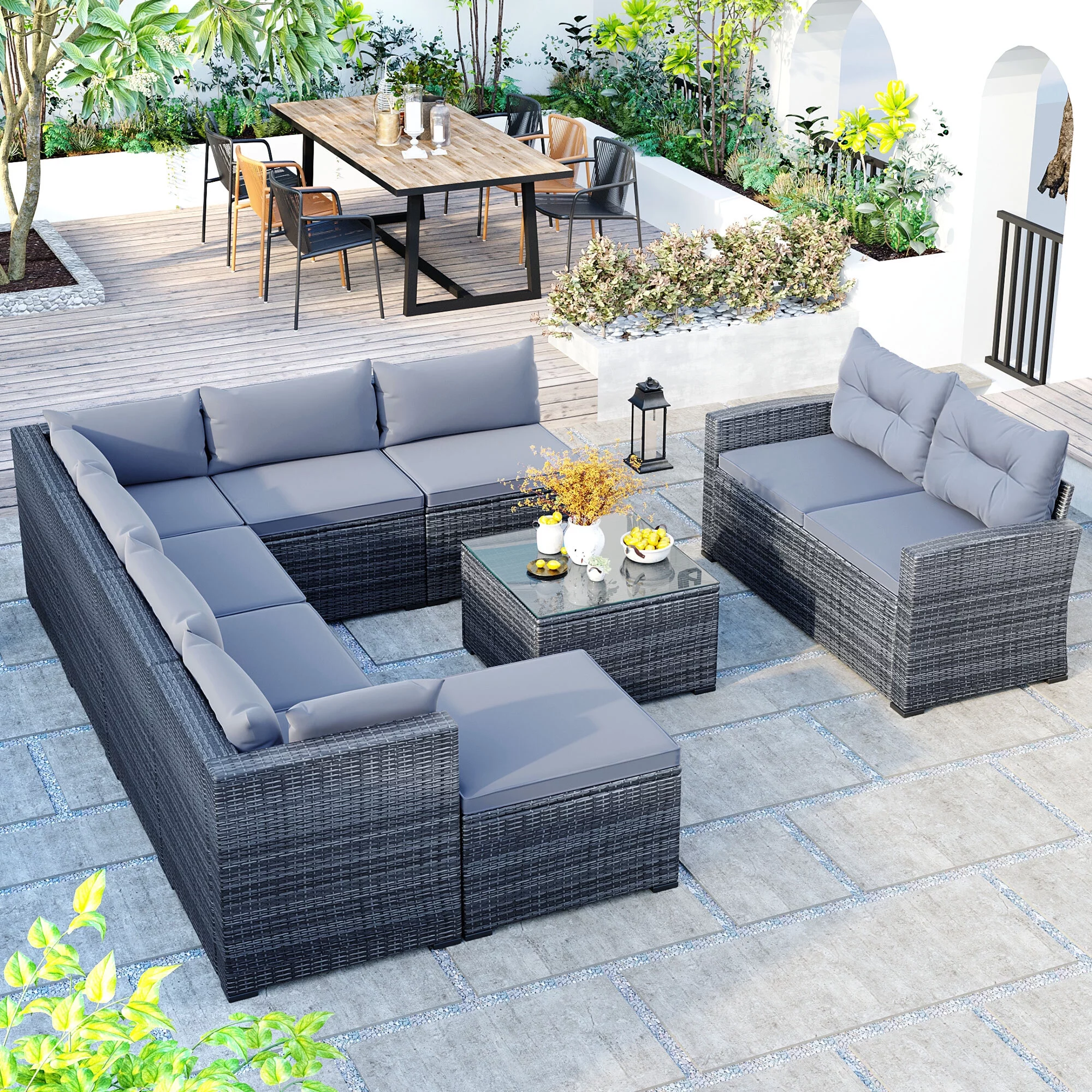 EUROCO 9 Piece Rattan Sectional Sofa Set,Outdoor Conversation Set,All-Weather Wicker with Removable Cushions & Coffee Table,Mordent Furniture Couch Set for Patio Deck Garden Pool