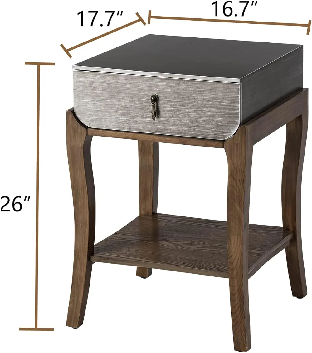 JDZHAPPYLIFE 2 Tier Rustic Nightstand  MDF  Square   with  Drawer  Vintage End  Suitable  Room  Bedroom  Walnut Leg  Black Silver Top