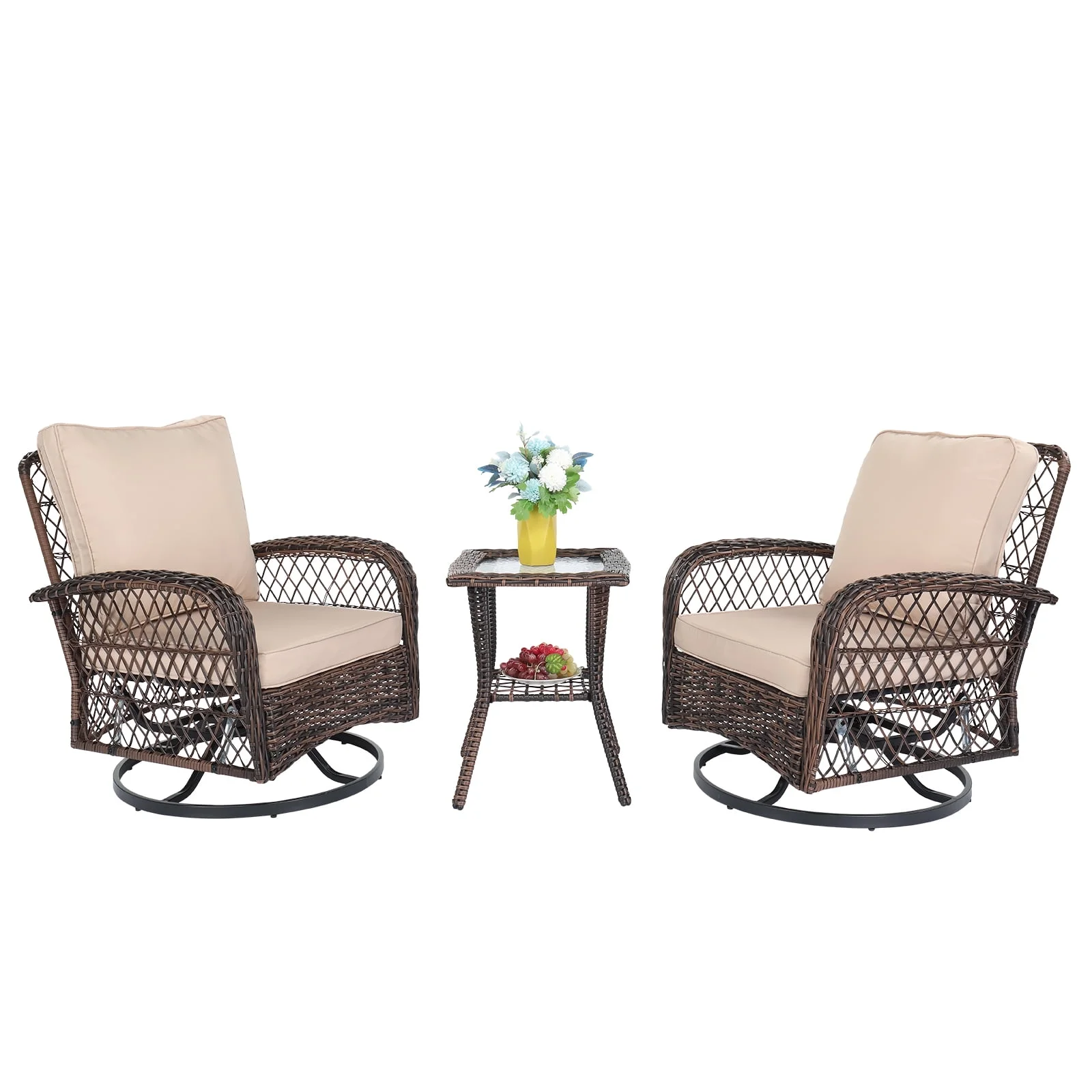 3 Pieces Patio Furniture Set, Outdoor Swivel Gliders Rocker, Wicker Patio Bistro Set with Rattan Rocking Chair, Glass Top Side Table and Thickened Cushions for Porch Deck Backyard, Brown Gradient Ratt