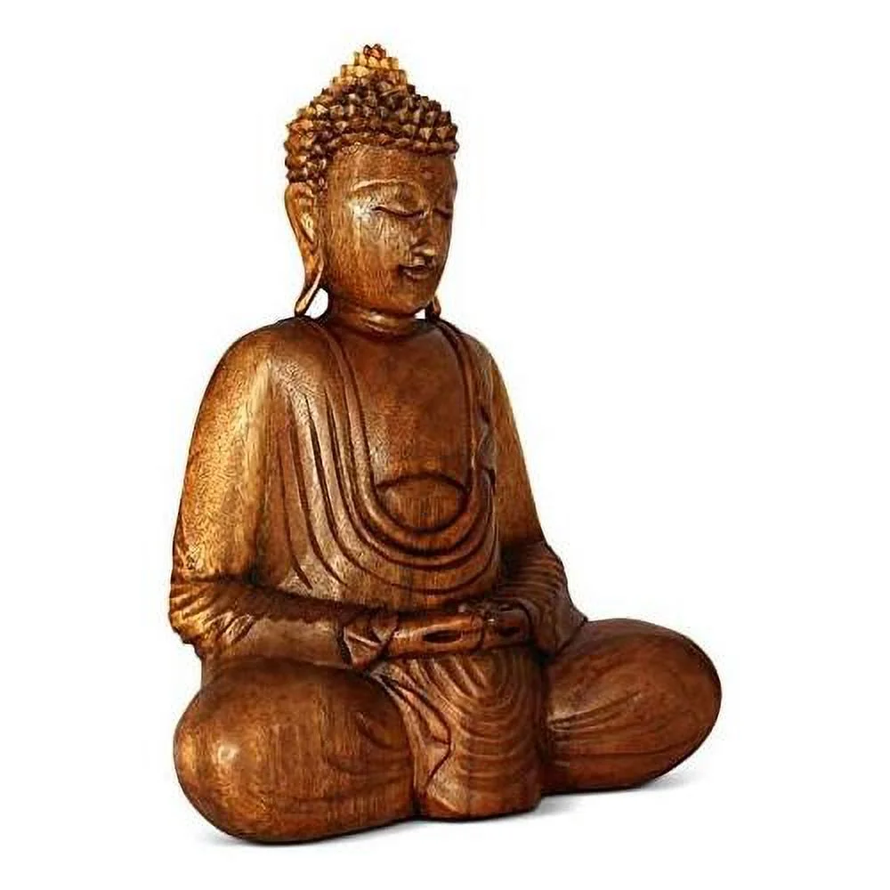 wooden serene sitting buddha statue handmade meditating sculpture wood figurine decorative accent handcrafted traditional modern contemporary oriental decor hands in lap buddha (8