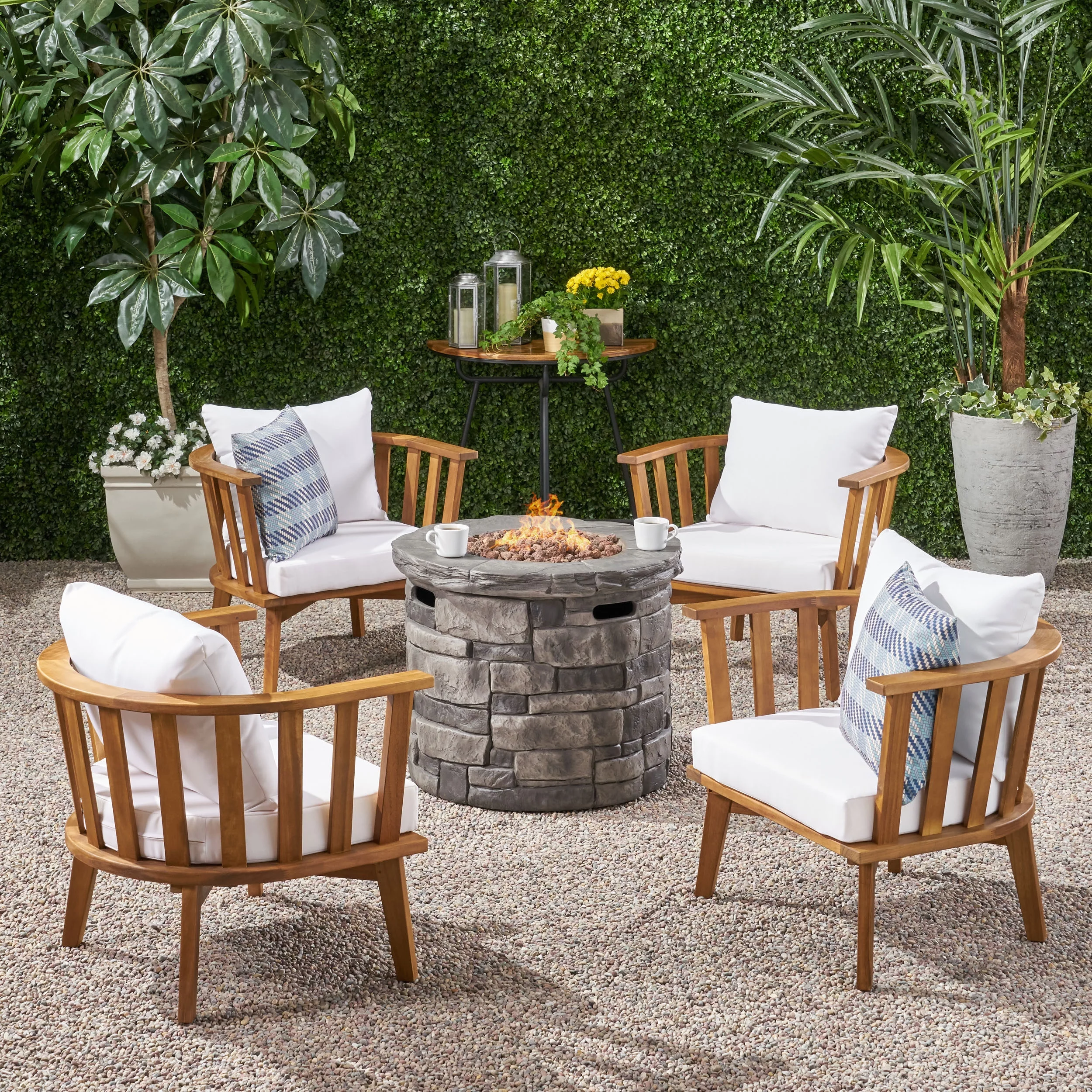 Darian Outdoor Acacia Wood 4 Seater Club Chairs and Fire Pit Set, Teak and Gray