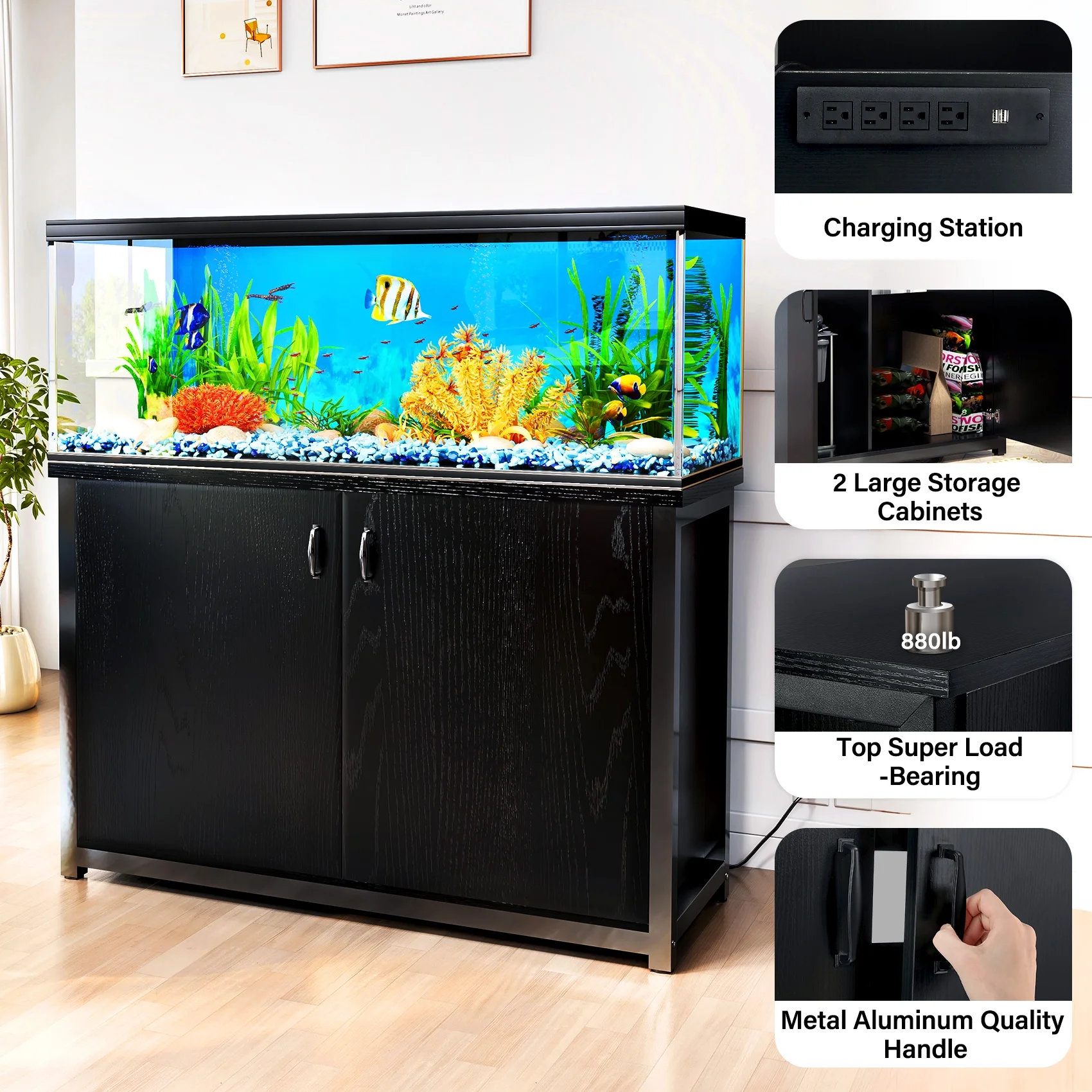 TC-HOMENY 55-75 Gallon Aquarium/Fish Tank Stand with Cabinet and Charging Station/Power Outlets, Black