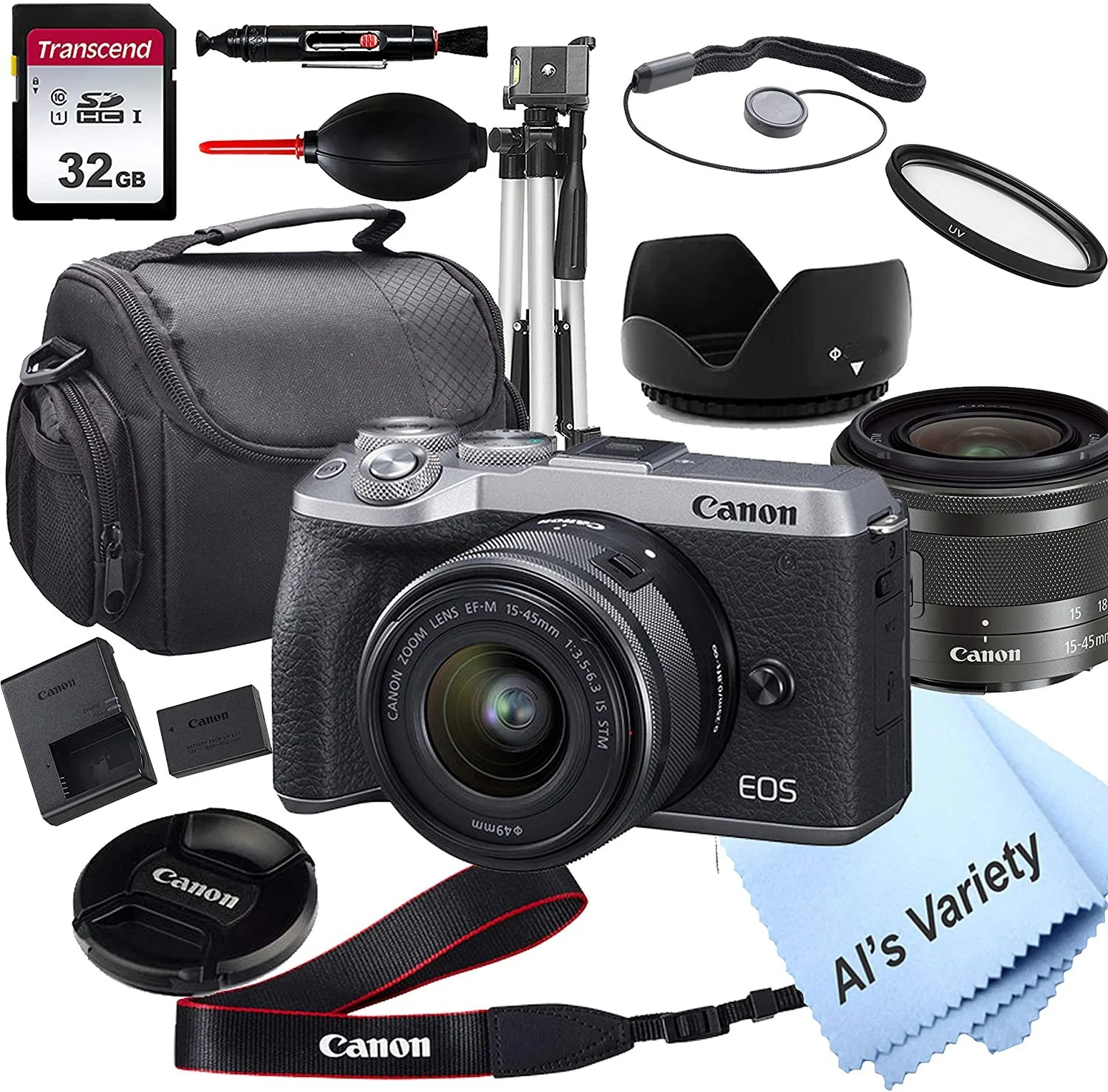 Canon EOS M6 Mark II Silver Mirrorless Digital Camera with 15-45mm Lens + 32GB Card, Tripod, Case, and More 18pc Bundle