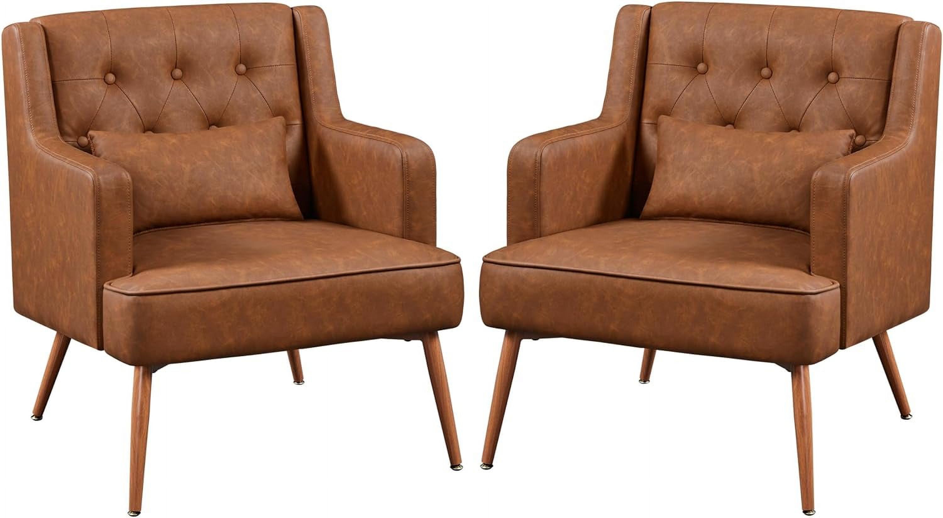 U-ToBe Accent Chair, Living Room Chair Mid Century PU Leather Armchair Lumbar Pillow, Comfy Upholstered Reading Chair Wood Leg Bedroom Lounge Brown