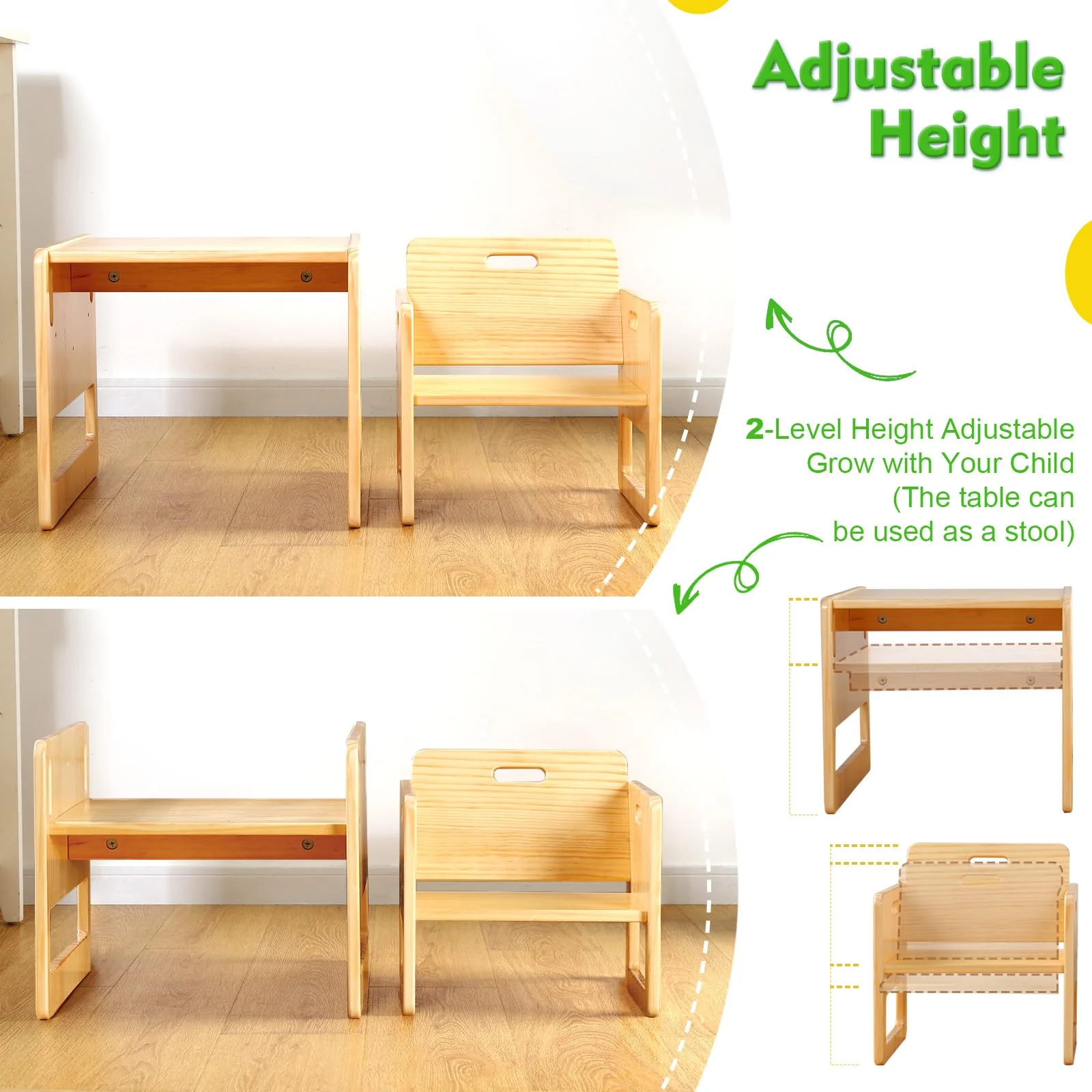 FUNLIO Montessori Weaning Table and Chair Set for Toddlers Age 1-3, Height Adjustable Toddler Table and Chair Set, Cube Kids Table Chair for Reading/Eating/Playing, Easy to Assemble, CPC Certified