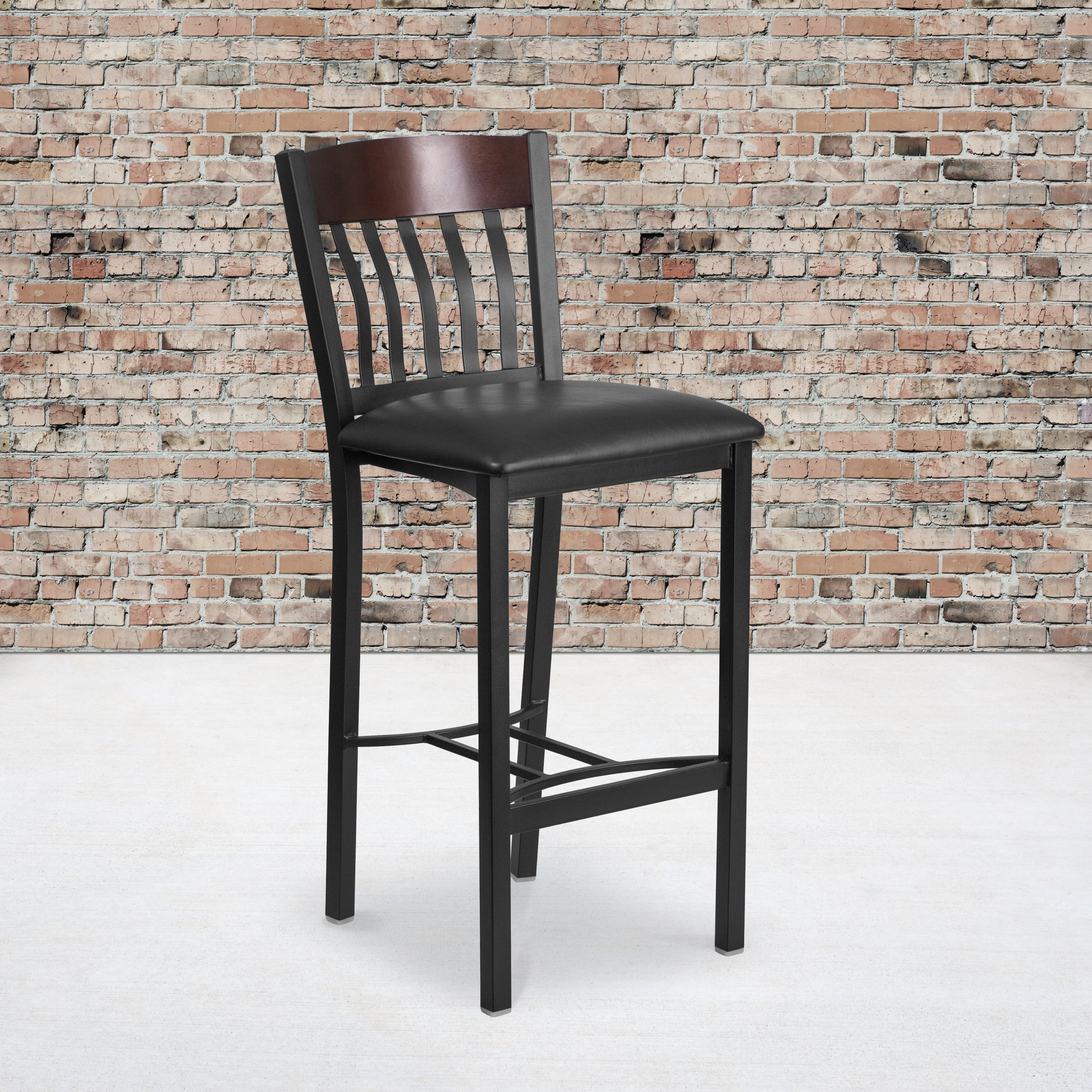 Flash Furniture Eclipse Series Vertical Back Black Metal and Walnut Wood Restaurant Barstool with Black Vinyl Seat