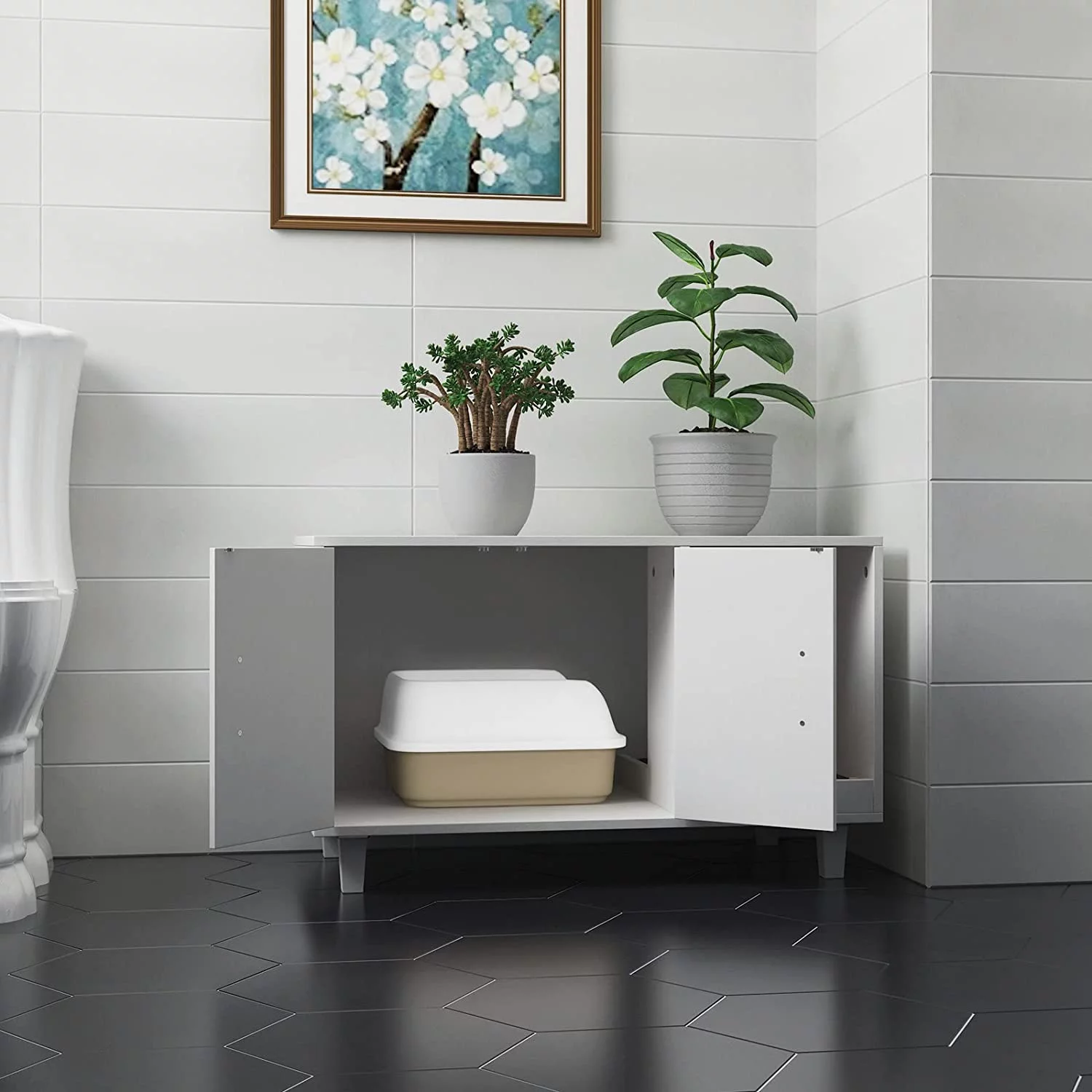 Modern Wood Pet Crate: Cat Washroom Hidden Litter Box Enclosure Furniture House, Nightstand with Scratch Pad, Stackable (White)