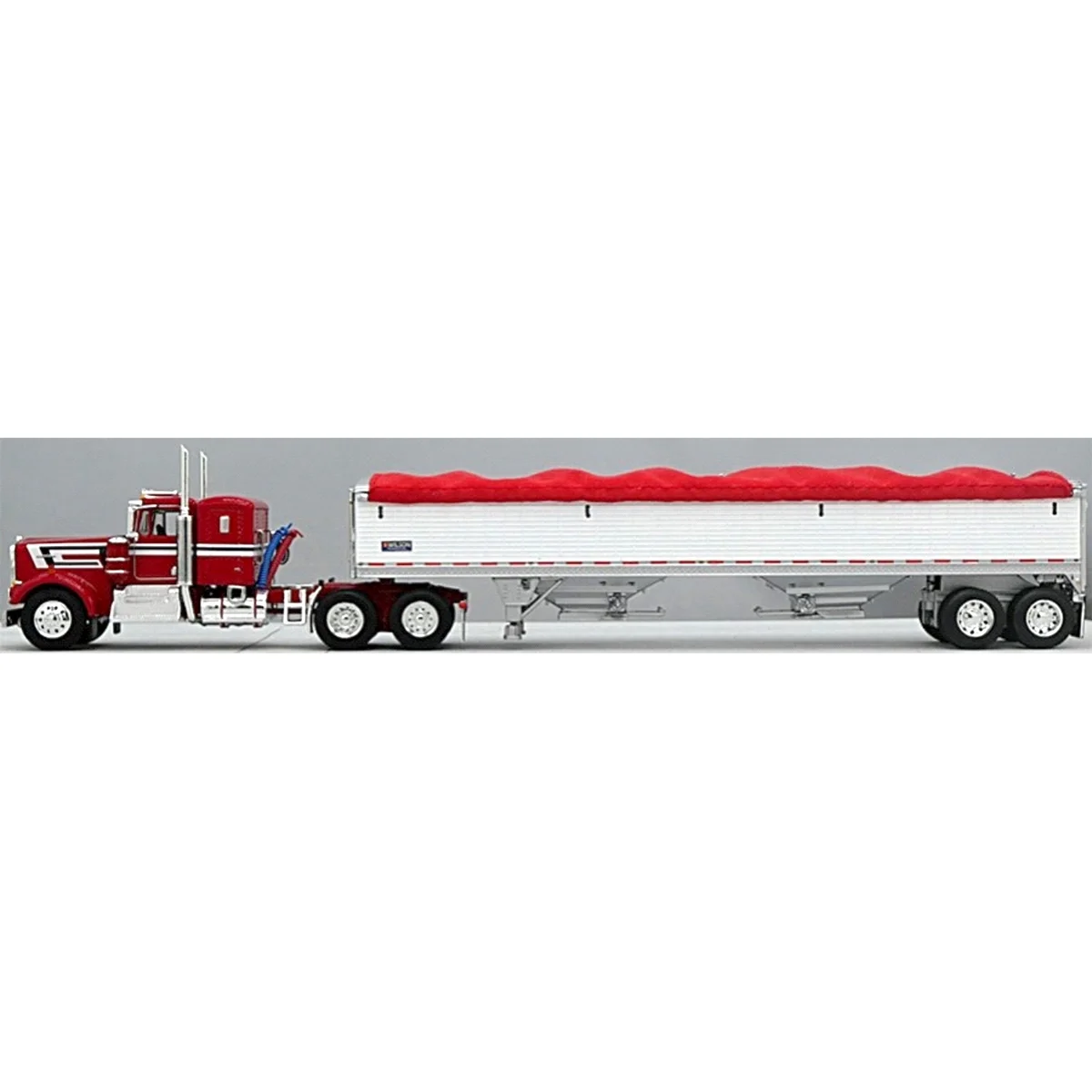 First Gear DCP 1/64 Red Kenworth W900A w/ 36in Sleeper & Wilson Pacesetter White 43ft Low Sided Grain Trailer 60-1583
