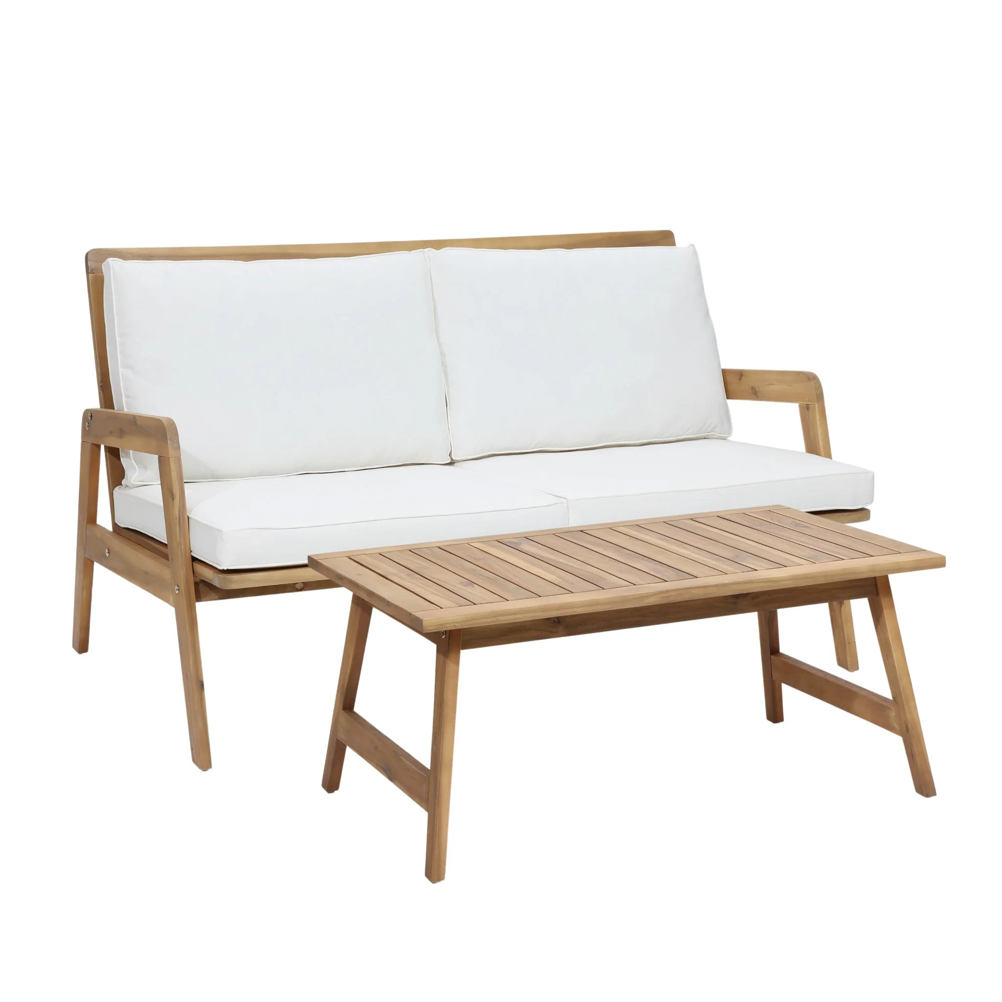 LuxenHome Outdoor Acacia Wood Coffee Table and Loveseat with Cushions