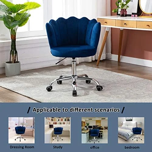 JDZHAPPYLIFE Modern Cute Desk Chair  Childern Study Chair Rolling Upholstery Computer Chair on Wheels Elegant Soft Velvet Swivel Chairs W/Shell Back for Girls Women -Blue