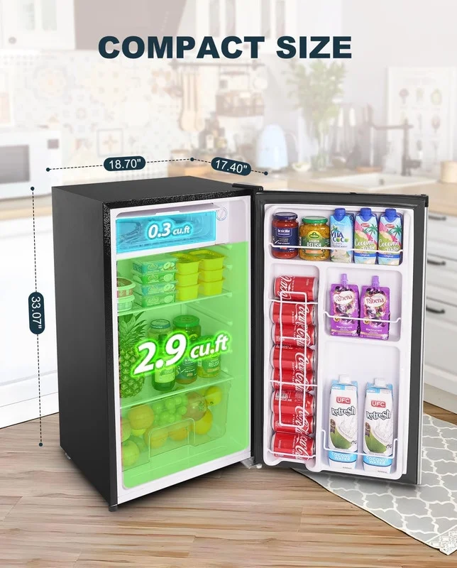 3.2 Cu.Ft Mini Fridge with Freezer, Single Door Mini Fridge, Adjustable Thermostat, Mini Refrigerator for Bedroom, Office, Dorm, Stainless Steel