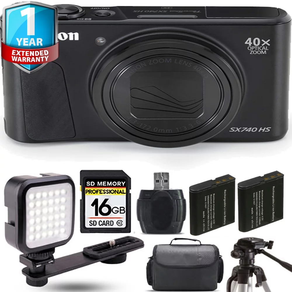Canon PowerShot SX740 HS Digital Camera (Black) + Extra Battery + 1 Yr Warranty - 16GB Kit