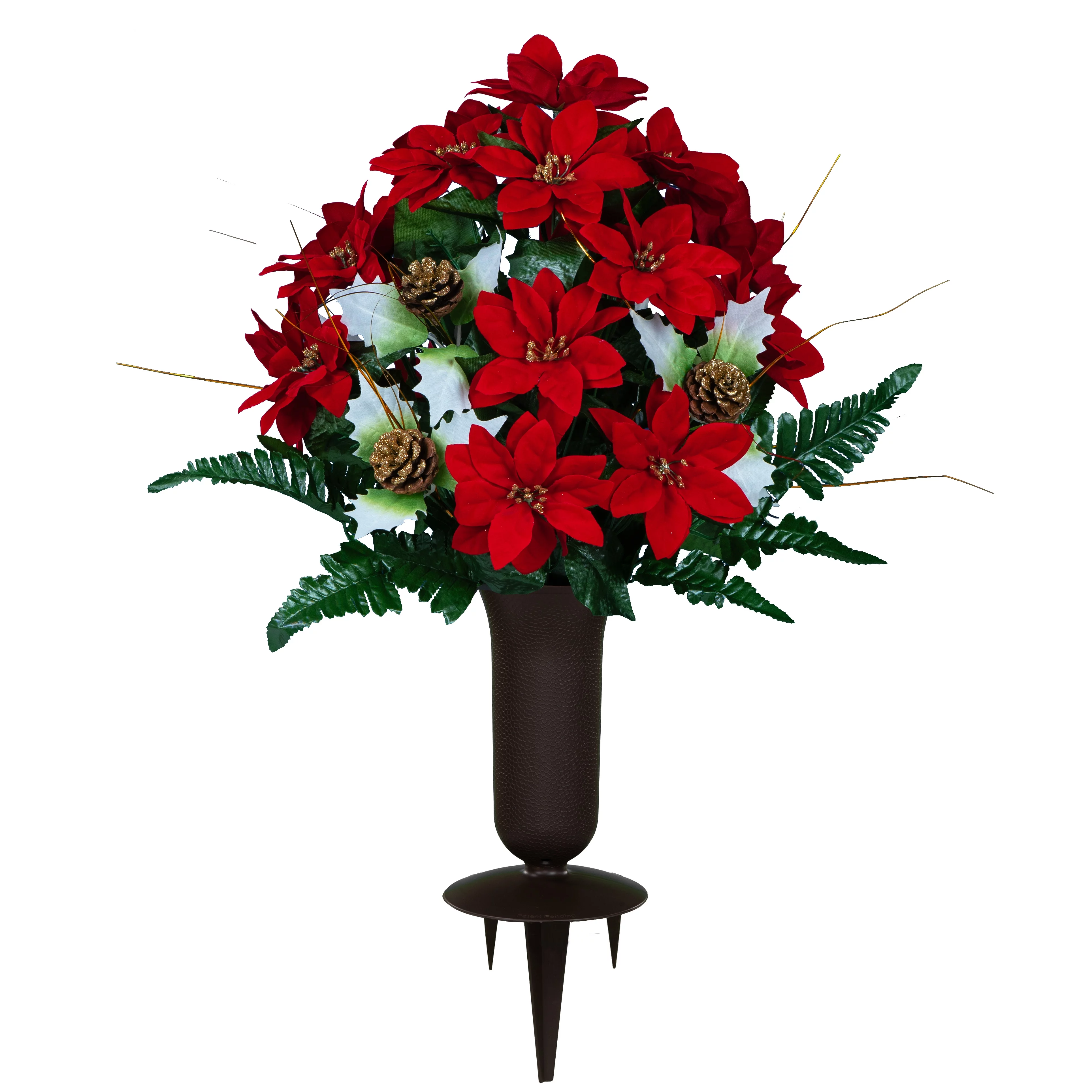 Sympathy Silks Artificial Cemetery Flowers Red Poinsettias with Glitter Pinecones and Holly Bouquet with Vase
