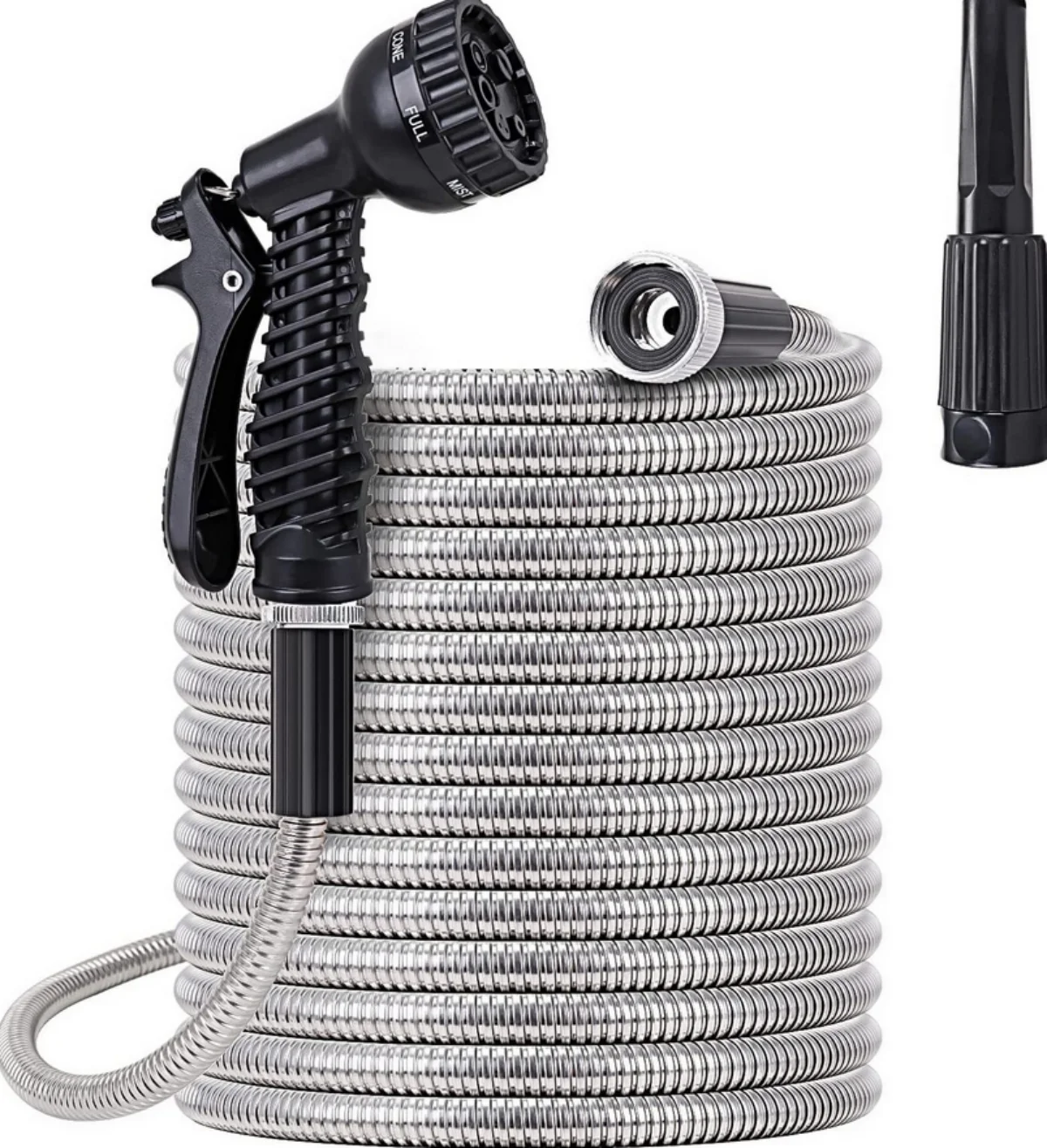 Metal Garden Hoses 50ft, 304 Stainless Steel Water Hose  Car Wash Nozzlesand 10-Function Nozzle, 3/4'' Fittings, No Tangle & Kink for Outdoor