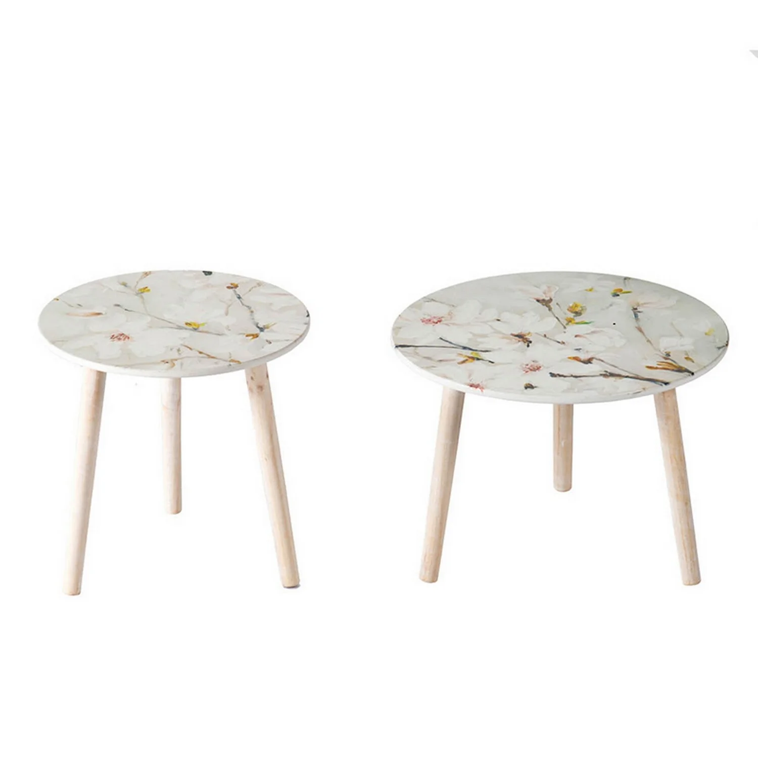Benjara  16 & 20 in. Byle Side Table with Floral Design & Cherry Blossom, White - Set of 2