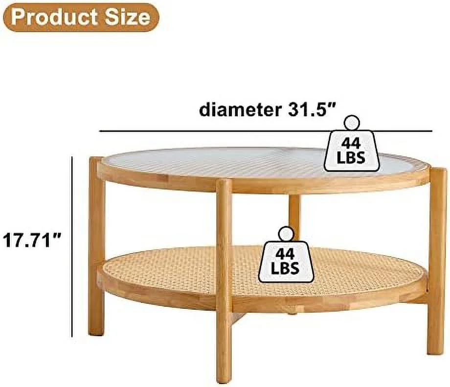 xrboomlife Round Coffee Table 33" Glass Coffee Table 2 Tiers Modern End Table with Solid Wood Leg.PE Rattan Side Tea Table for Living Room in Home Office
