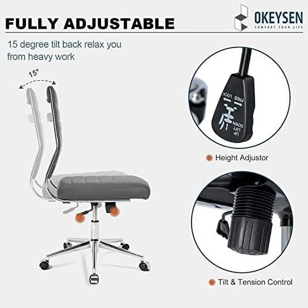 JYHOME Armless Office Chair  Leather Modern Desk Chair Swivel Task Chair  Small Conference Room Chairs Ribbed Computer Chair Without Arms.