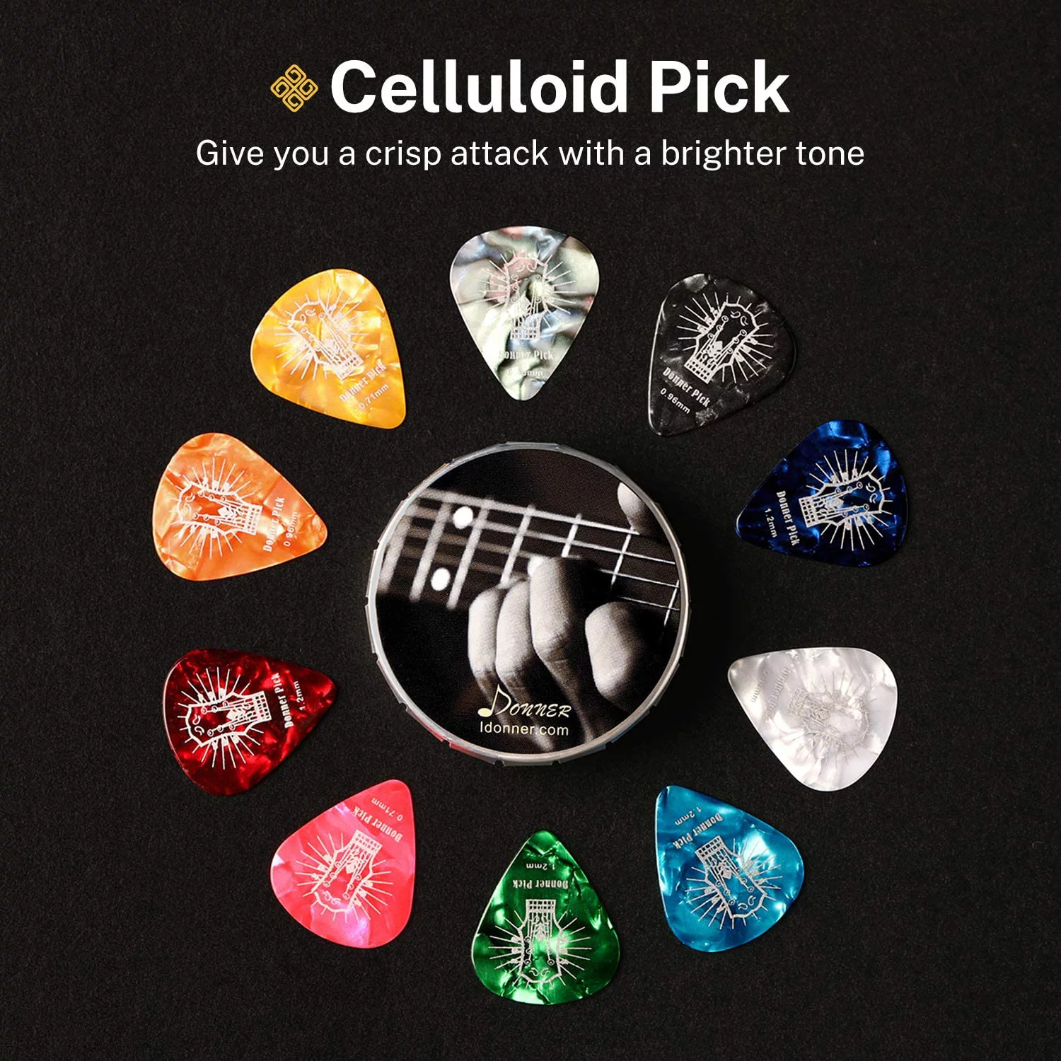 Donner Celluloid Guitar Picks 16 Pack with Case Includes Thin, Medium, Heavy & Extra Heavy Gauges