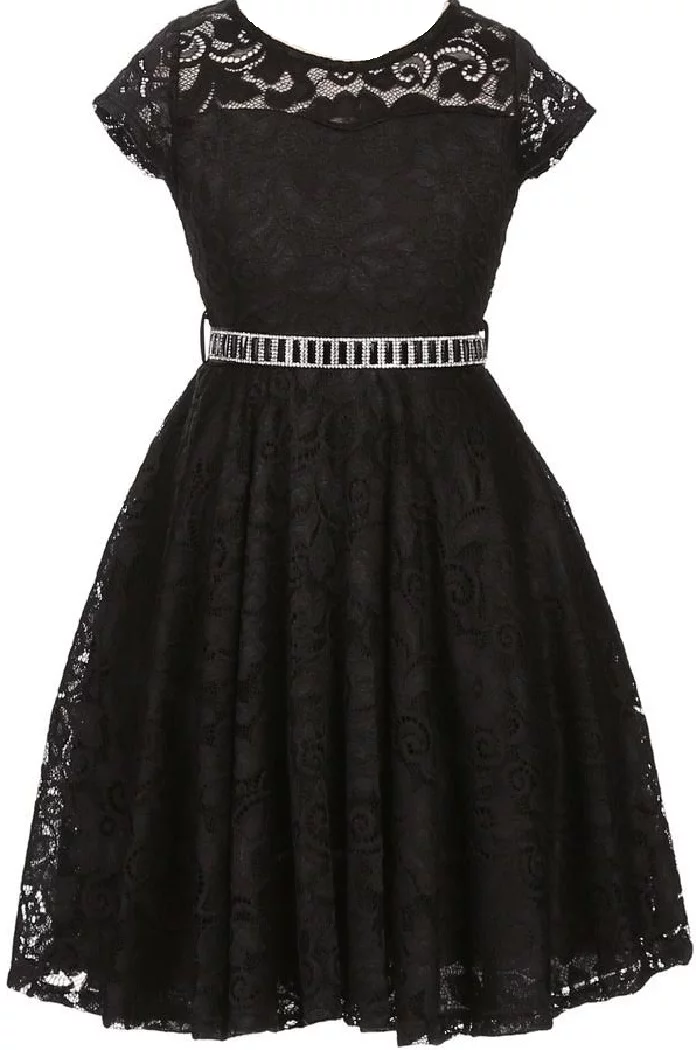 Lovely Floral Lace Rhinestones Skater Party Easter Flower Girl Dress for Big Girl Black 14 JK19.88S BNY Corner