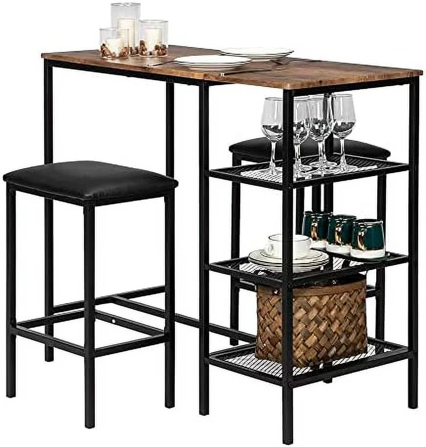 TJUNBOLIFE 3 Piece  Table and Chairs Set Small Kitchen Table Set for 2 Counter Height Table with Shelves for Kitchen  Living Room 41.6" L X 18.9" W X 36.2" H