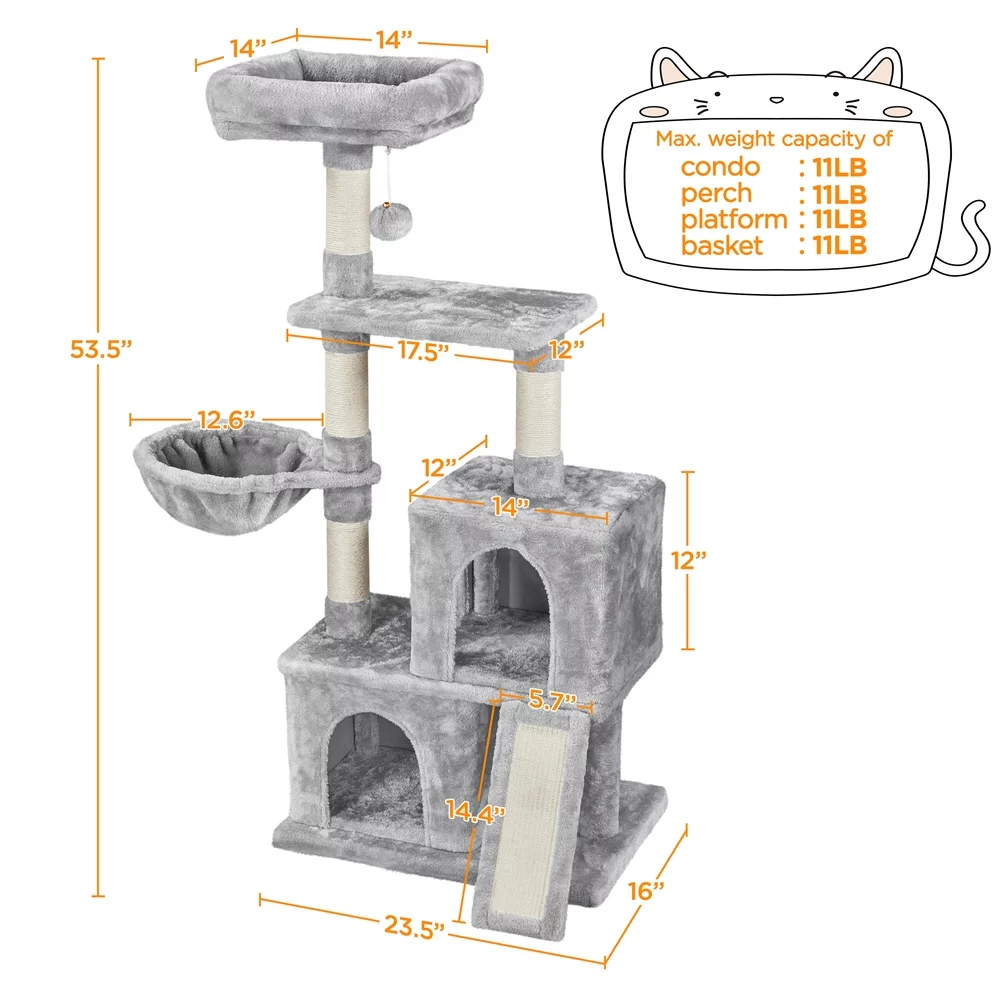 Topeakmart 53.5-in Cat Tree & Condo Scratching Post Tower with Dangling Ball and Ramp, Light Gray