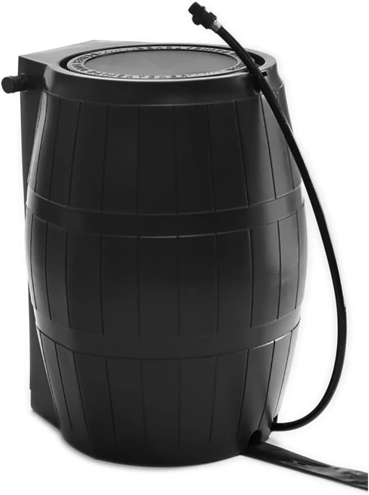 50-Gallon BPA Free Flat Back Home Rain Catcher Water Storage Collection Barrel for Watering Outdoor Plants & Gardens, Black