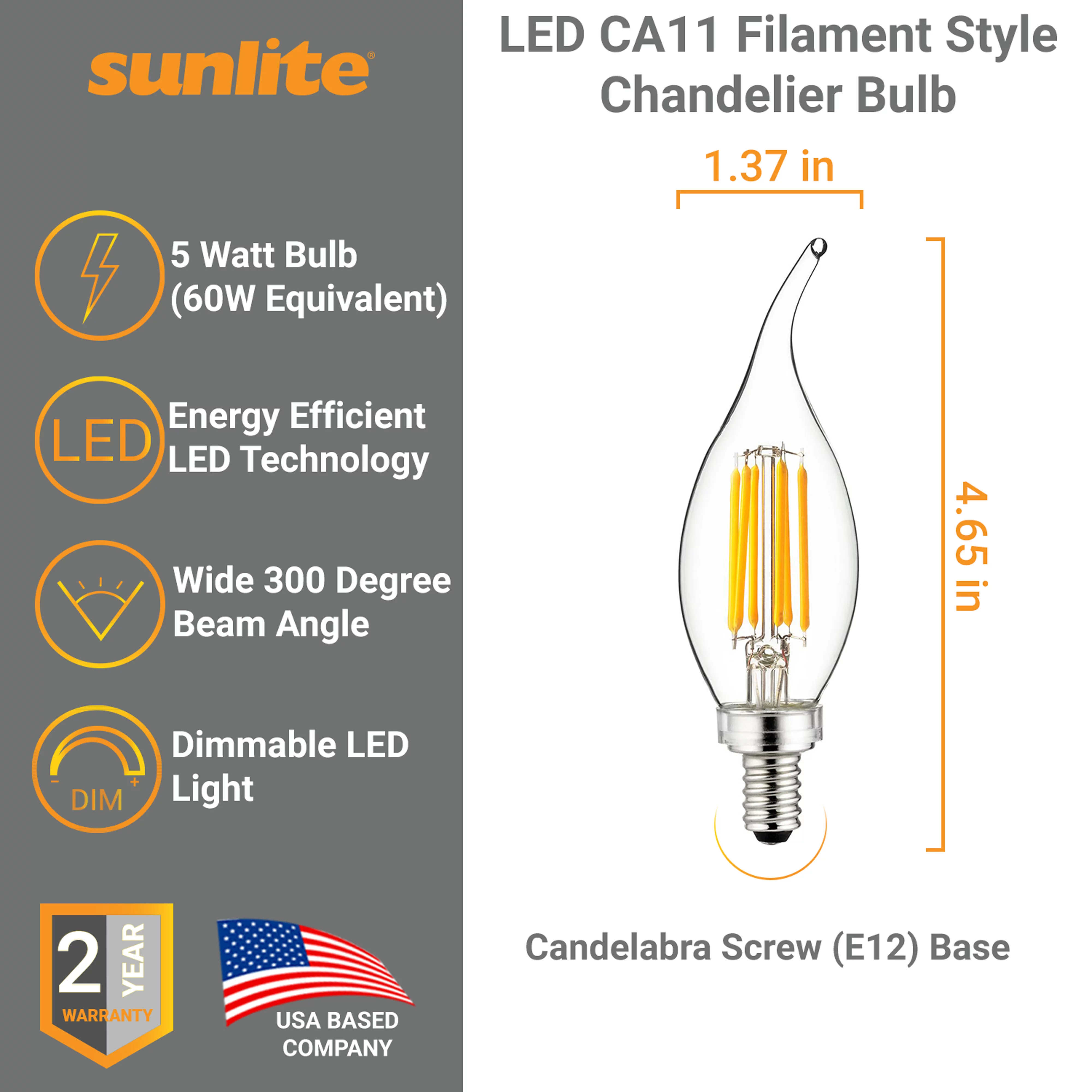 Sunlite LED Filament CA11 Flame Tip Chandelier Light Bulb 5 Watts (60W Equivalent), Candelabra E12 Base, Dimmable, UL Listed, 2700K Warm White, 6 Pack
