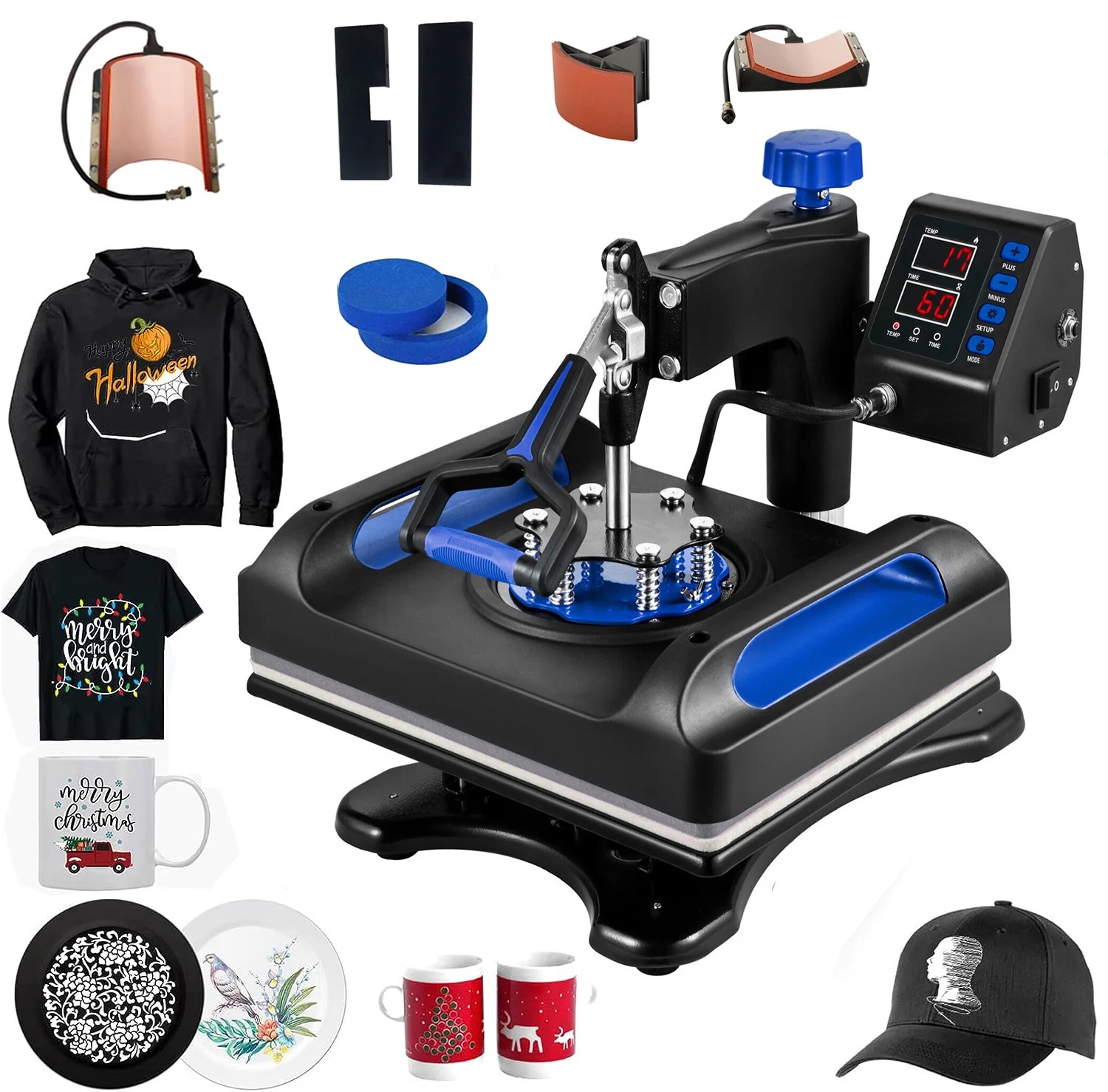 Blue Heat Press Machine 5 in 1, 15 x 15 Inches Sublimation Transfer Printer, Digital Precise LCD Control Printing, 360 Swing Away Vinyl Transfer Printer for T-Shirts, Canvas Bag, Pillow, Banner