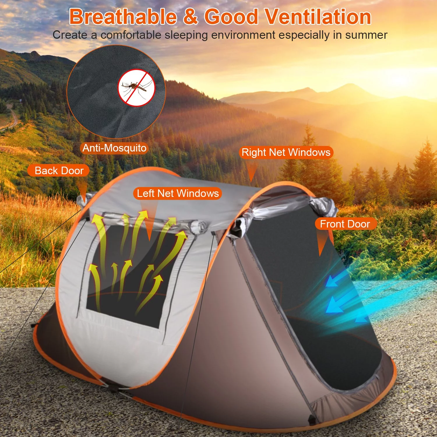 3-4Person Waterproof Pop Up Tent w/ 2 Mosquito Net Windows iMounTEK Hiking Climbing Auto Setup Camping Travel Tent