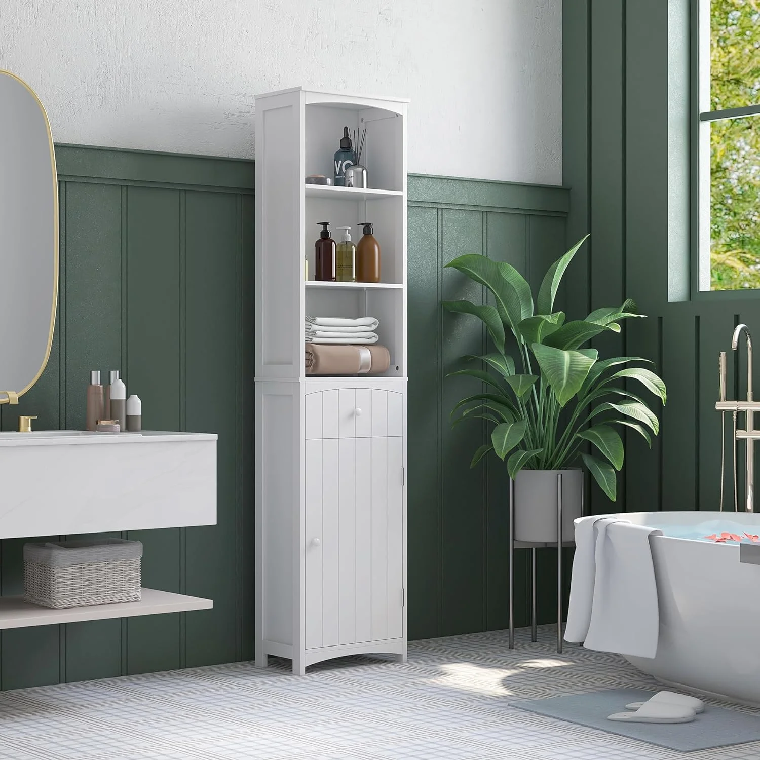 White Bathroom Storage Tower: Freestanding Cabinet with 3-Tier Shelves and Drawer
