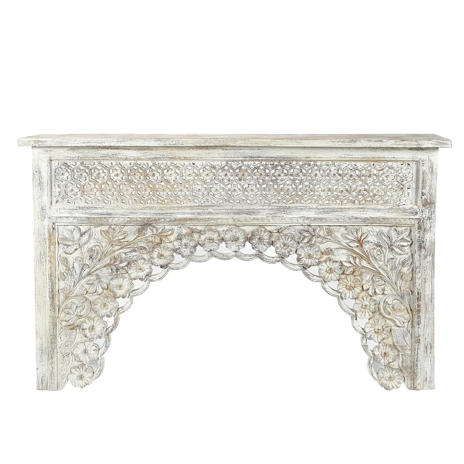 Transitional Style Hand Carved Moorish Arch 59 in. Long Distressed White Sofa Table | Farmhouse Style Handmade Solid Wood Entryway Console